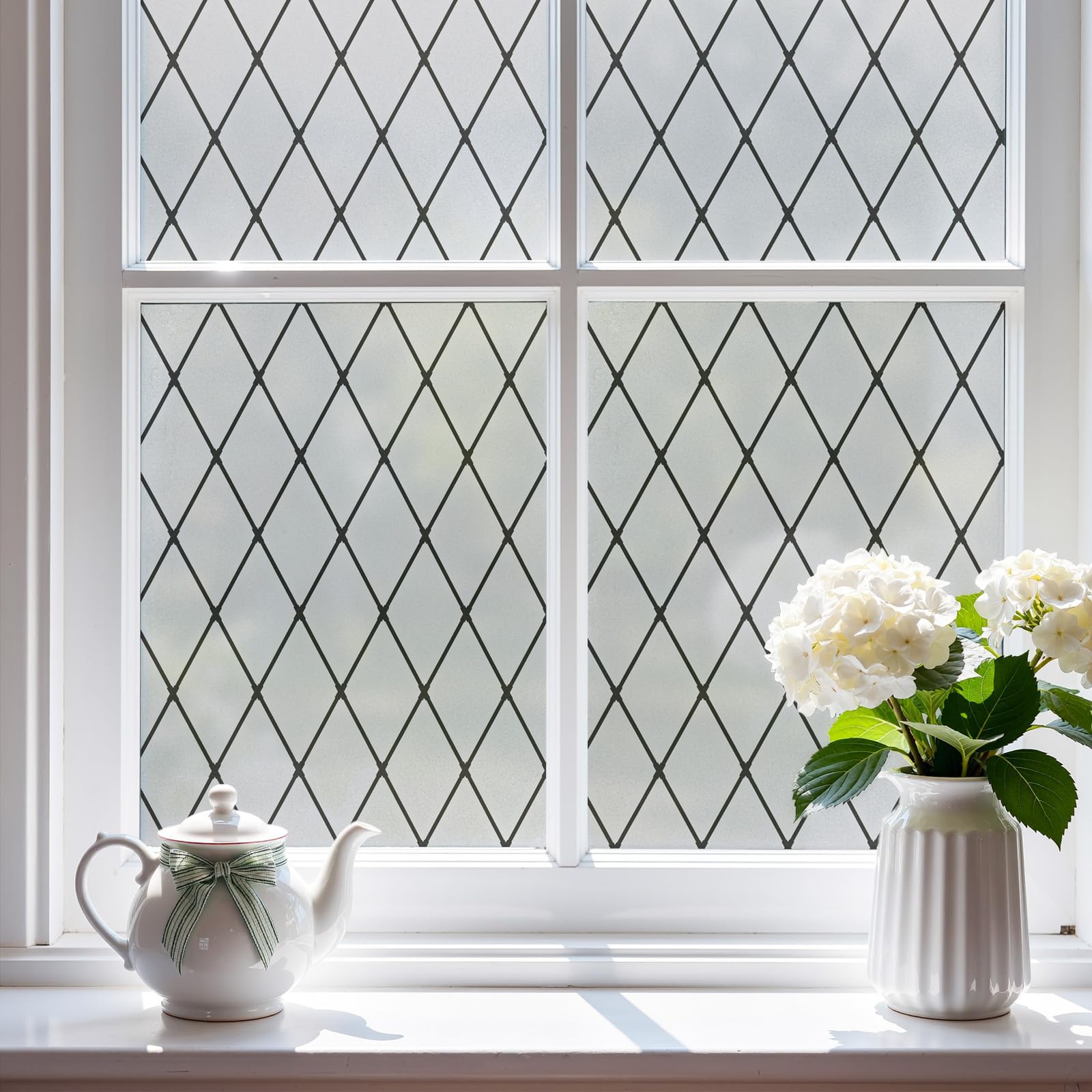 FEOMOS Fensterfolie Schwarze Gitter, Milchglasfolie Statisch Haftend Fensterfolie, Blickschutzfolie Dekorfolie Sichtschutzfolie für Fenster, Tür, Glas-Trennwand, Anti-UV 90x300cm
