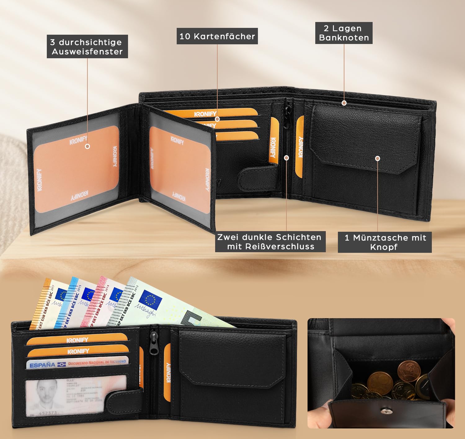 KRONIFY Leather Wallet Men | RFID Blocking | Bifold Trifold | Genuine Leather | 13 Card Slots | Coin Pocket | Reinforced Seam | Gift Box | Nappa Black