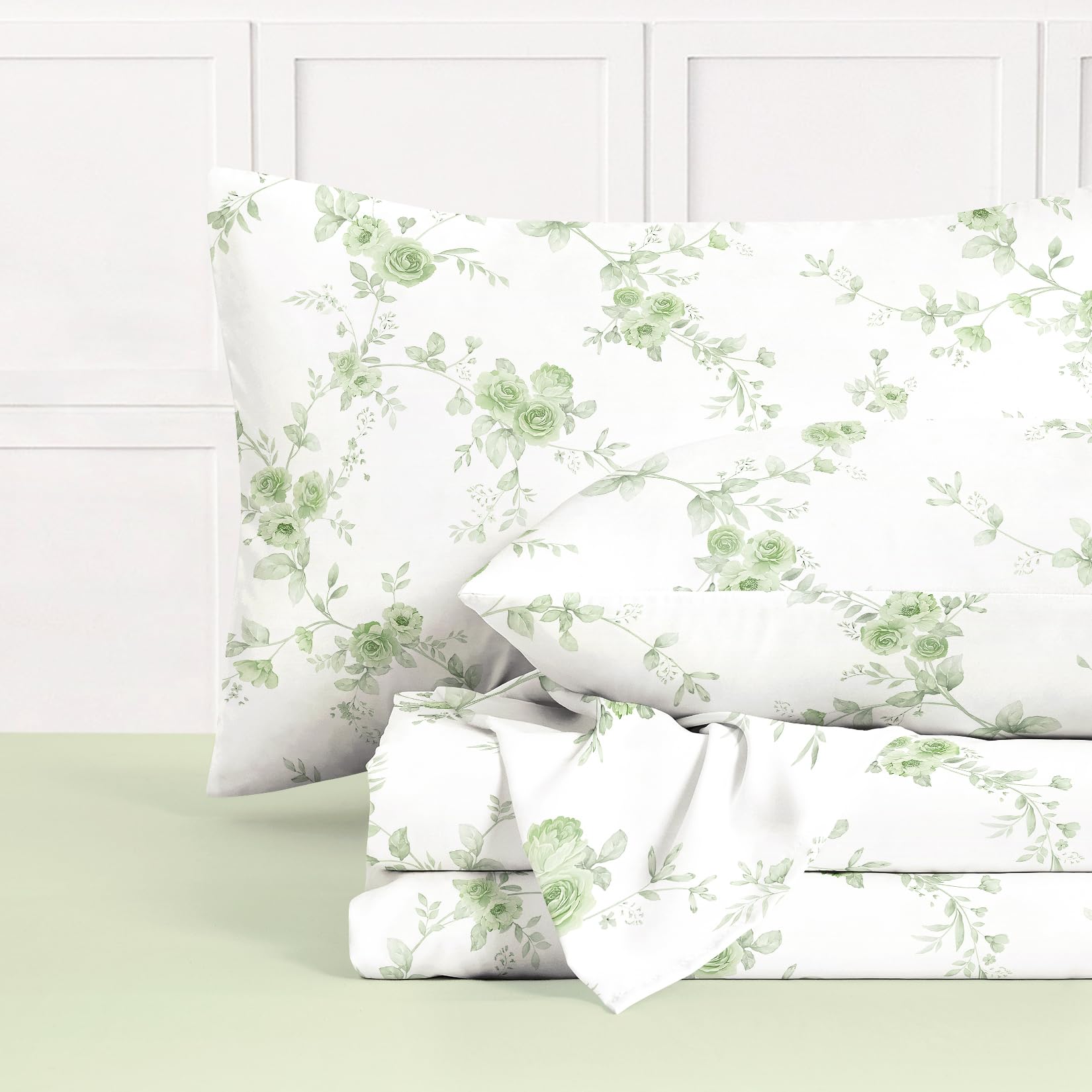 Wake In Cloud - Floral Bed Sheets 4-Piece Sheet Set Flower Shabby Chic Rose Pattern Printed Coquette Cottagecore