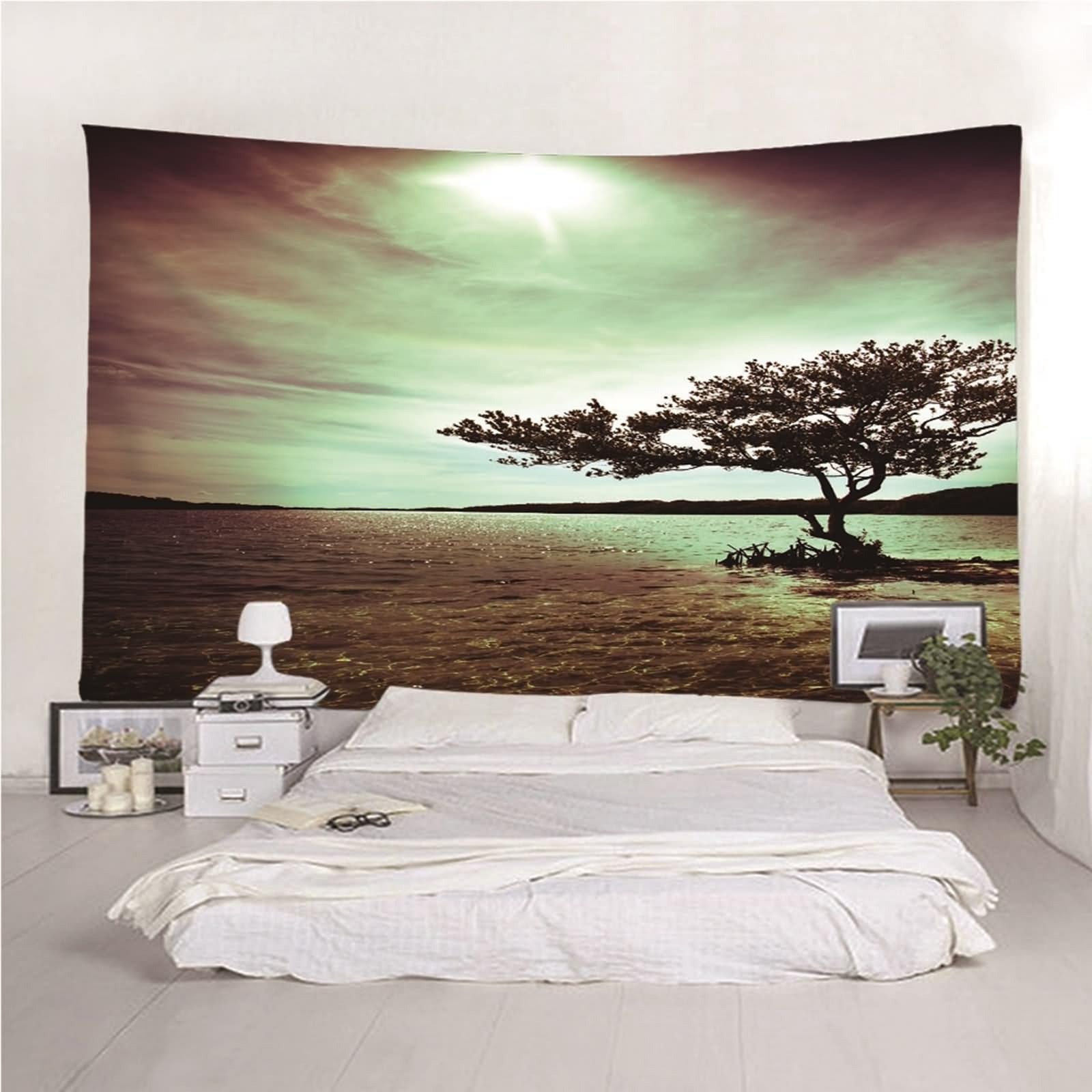Tapiz tela, tapiz para recámara, para colgar en la pared, árbol en el mar al anochecer, multicolor de poliéster, 118.1 x 102.4 pulgadas (300 x 260 cm)