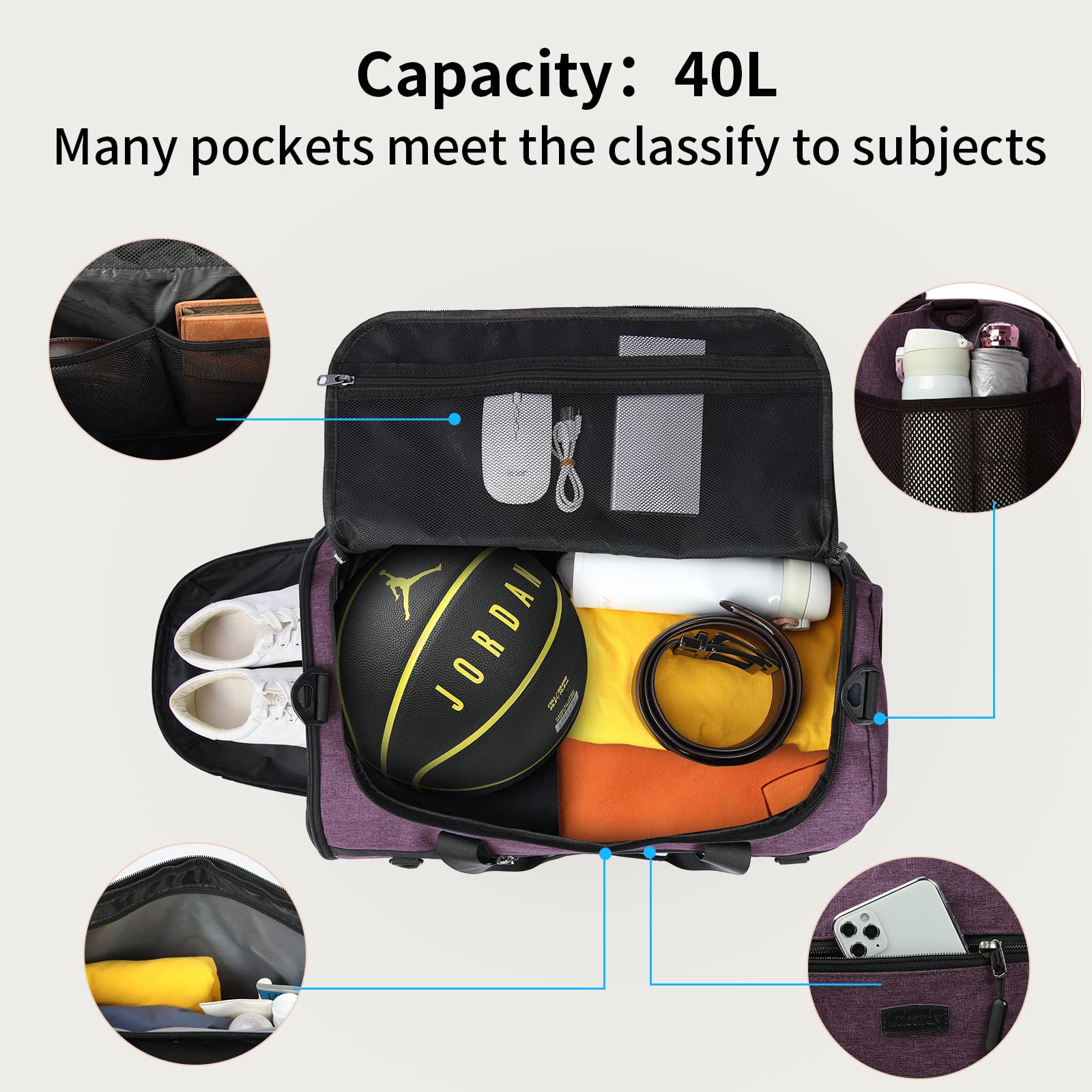 Lubardy Bolsa Deporte 40L Impermeable Viaje con Toalla Microfibra Compartimento Zapatos Violeta