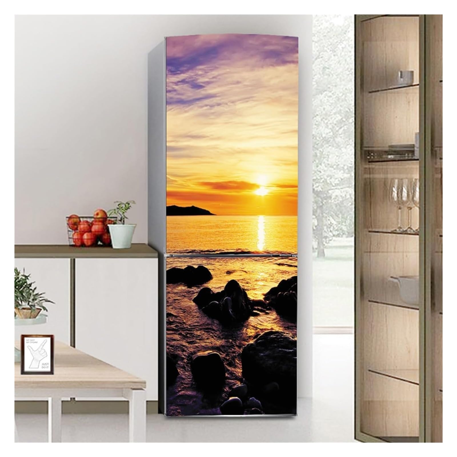 GDHKDDFL Minimalist, luxury-inspired fridge decals, Freezer Skins Wall Stickers for Kitchen Decal, Sunset Seascape Reef(M: 60x180 cm)