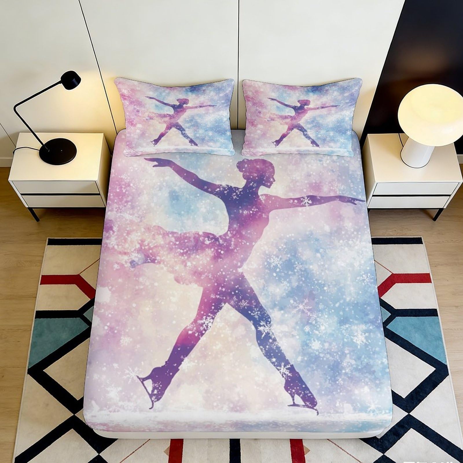 3D Printed Ballet Dancer Fitted Sheet Microfiber Soft Pink Blue Artistic Bed Sheet for Bedroom Guest Room Decor 90x200x25cm
