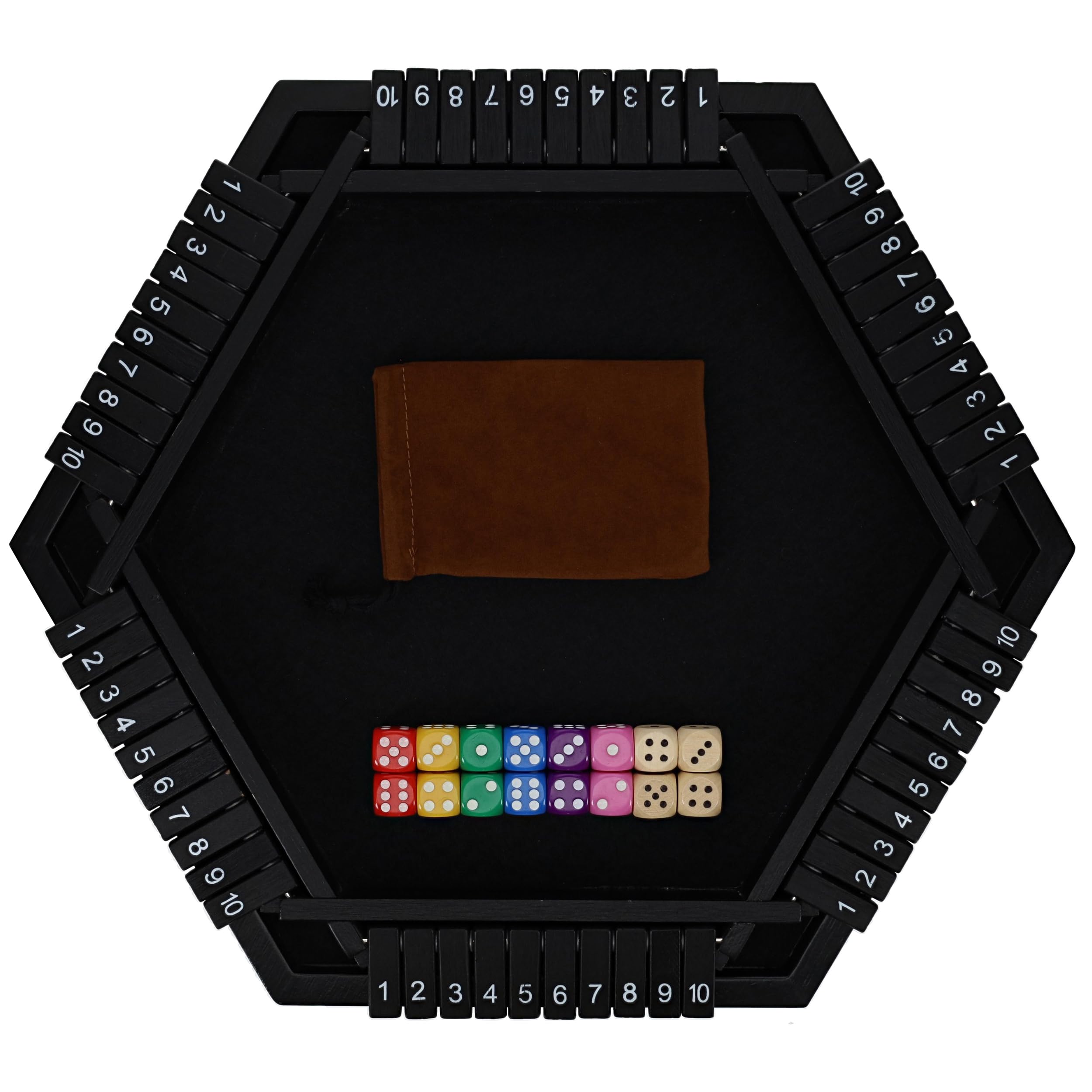 Pacific Shore Games Shut The Box - Juego para 6 jugadores, madera pintada en negro, juego de mesa de madera, juegos de mesa para adultos, juegos de bar, juego de dados portátil para 1-6 jugadores,