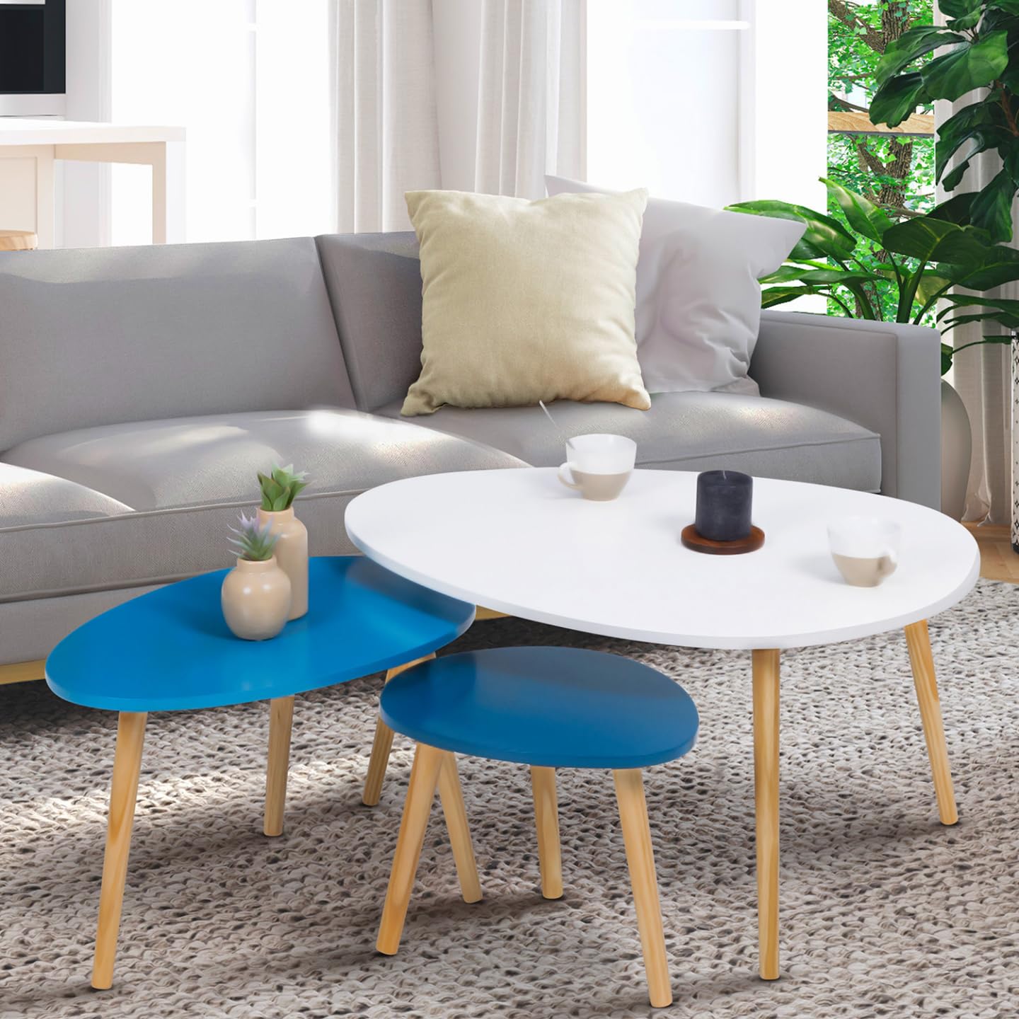 IDMarket - Lot de 3 Tables Basses gigognes Gaia laquées Blanc Bleu scandinave