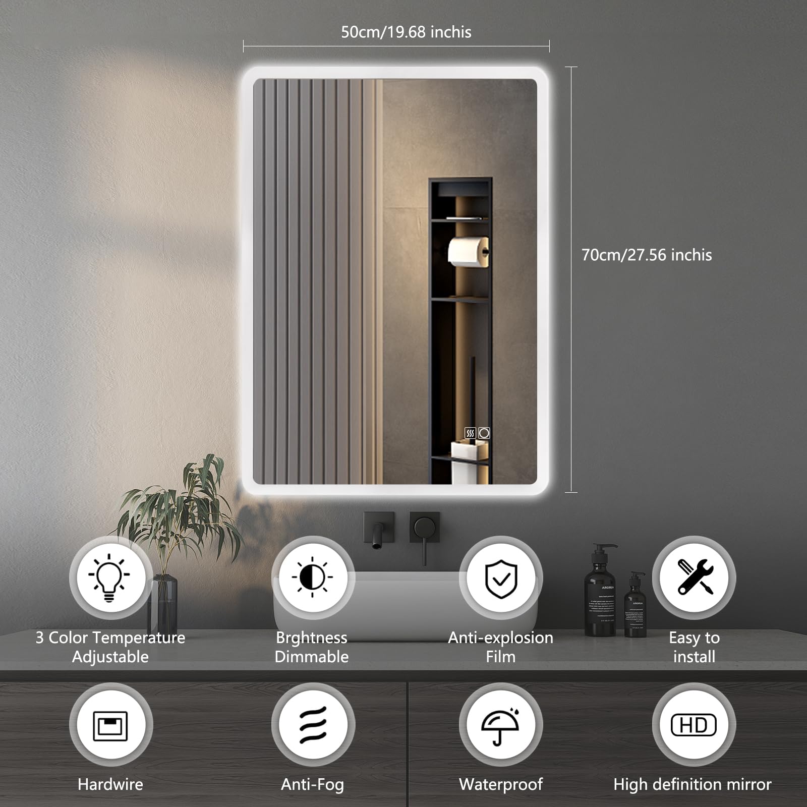 70 × 50 cm montowane na ścianie lustro łazienkowe przeciwmgielne - podświetlane LED z 3 kolorowymi ściemnianymi światłami i przełącznikiem dotykowym | Montaż poziomy/pionowy