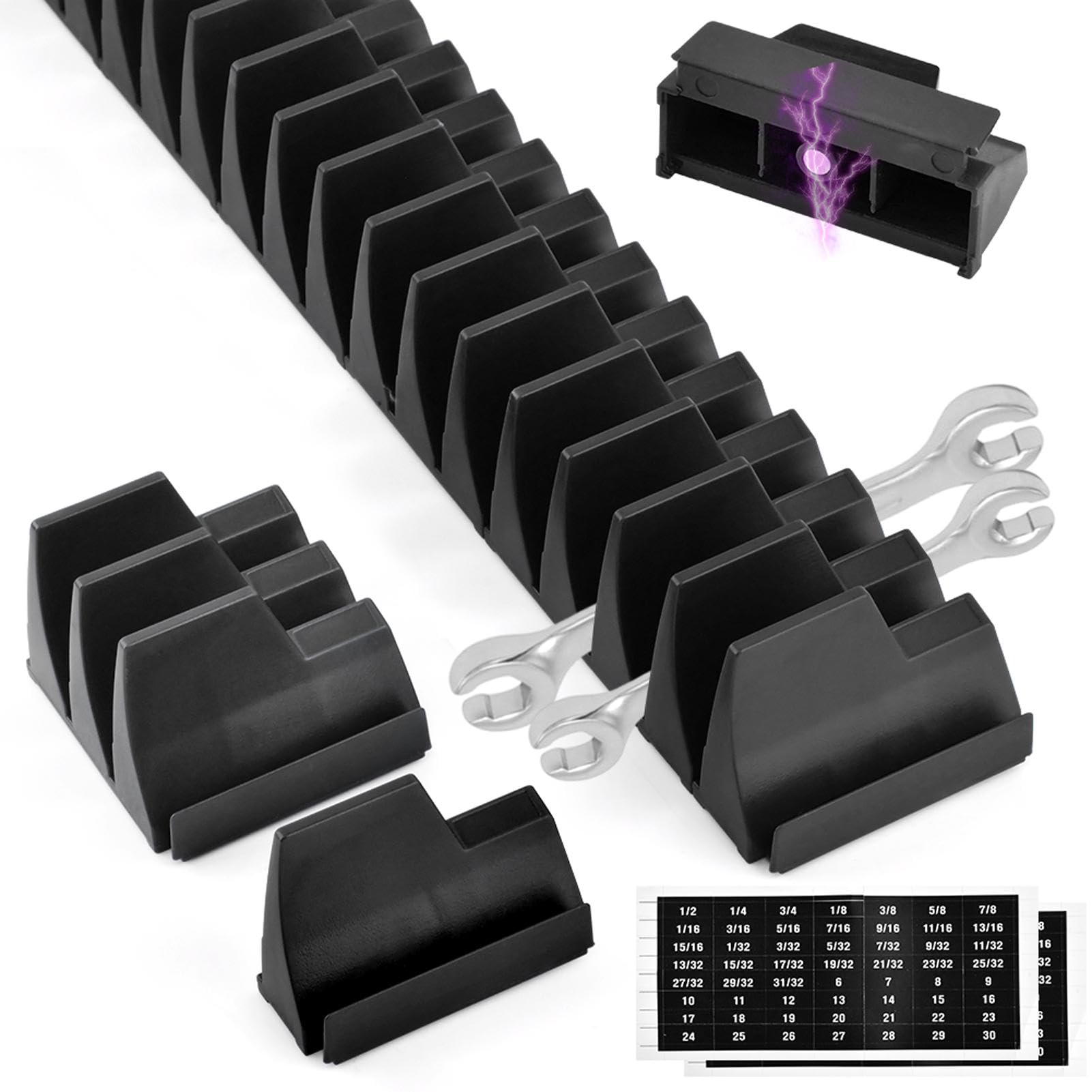 ZESHGON Wrench Organizer for 48 Wrenches, Spanner Organiser Improving Efficiency Magnetic Spanner Holder, Modular Wrench Rack Tool Organizer for Tool Box Drawer Storage(Black)