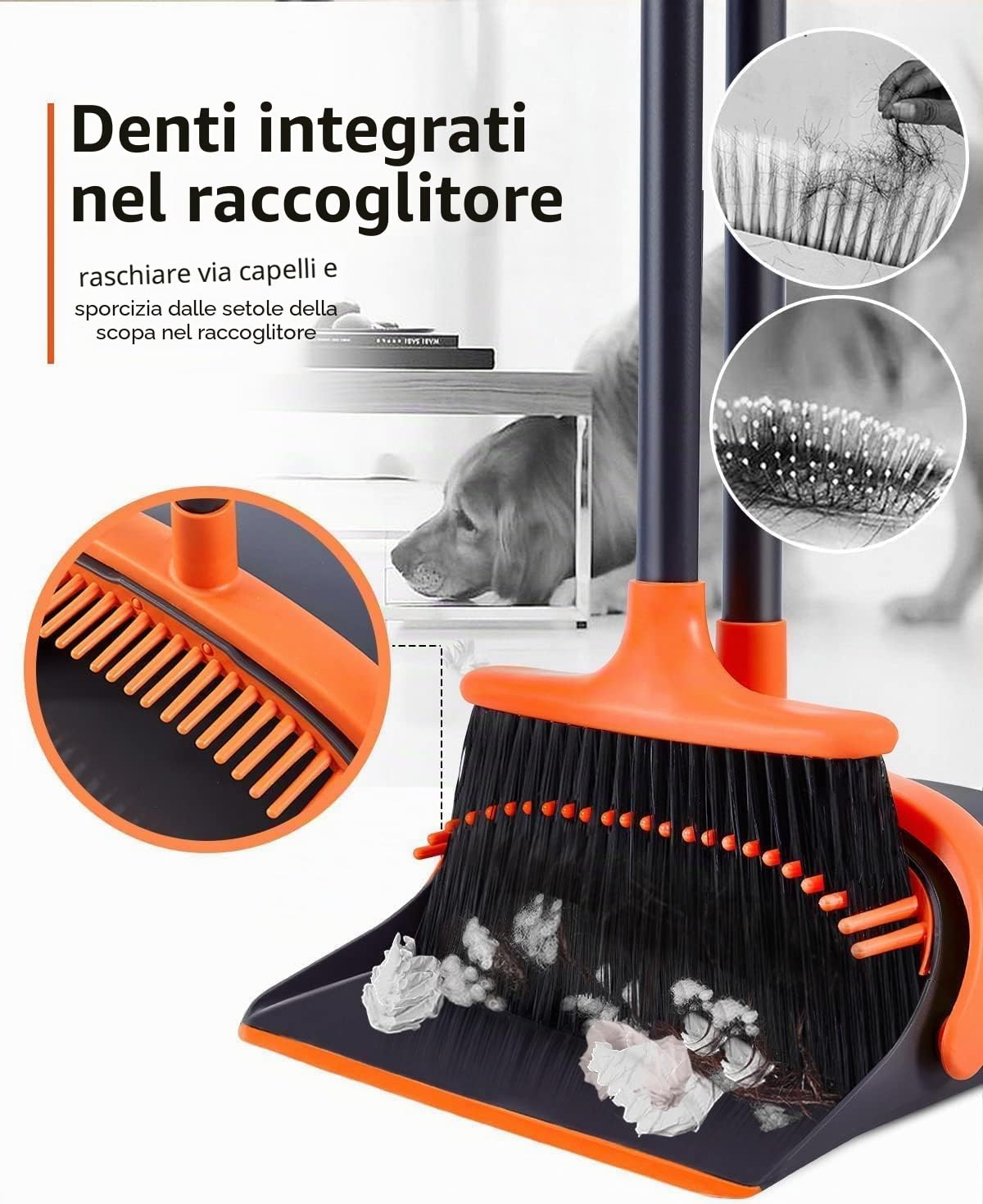 Set di scope e paletta, con manico lungo, manico allungabile, paletta verticale, Broom and Dustpan, per interni ed esterni, garage, cucina, ufficio