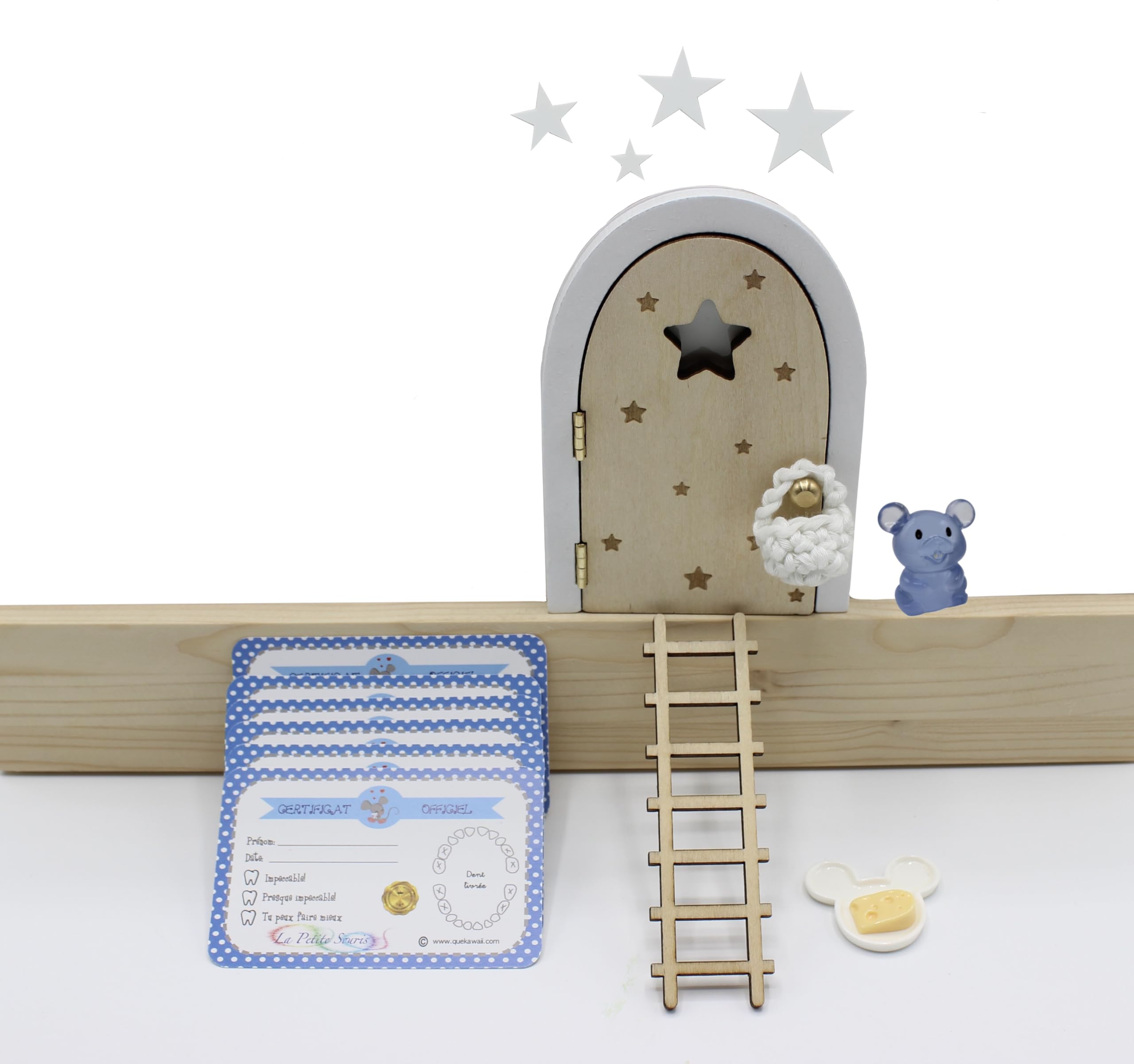 MAGIQUE LA PETITE SOURIS. PORTE QUI S'OUVRE ET BRILLE DANS LE NOIR!!!Porte et escalier en bois à peindre et customiser+sac au crochet+Assiette+Fromage+étoiles+6 certificats (Naturelle)