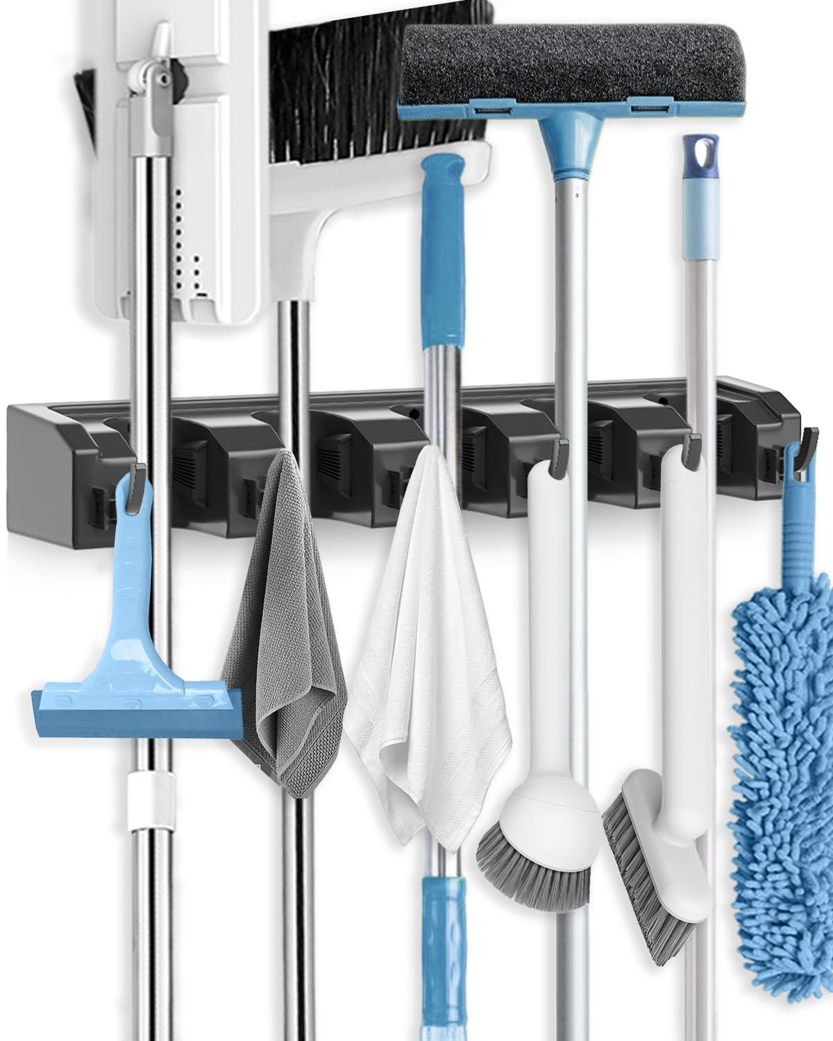 AceMining Broom Holder Wall Mounted, 5 Holders and 6 Hooks Mop Holder, ABS Plastic Brush Holder