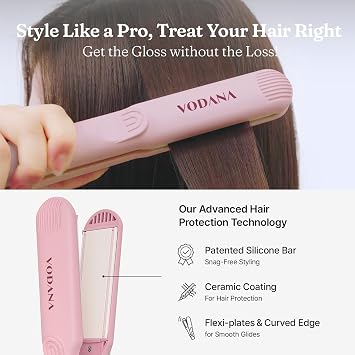 VODANA Professional Hair Irons Bundle, Soft Bar Flat Iron 1.5inch Milktea Rose, Heat Balance Blockingloss Scalp Tonic