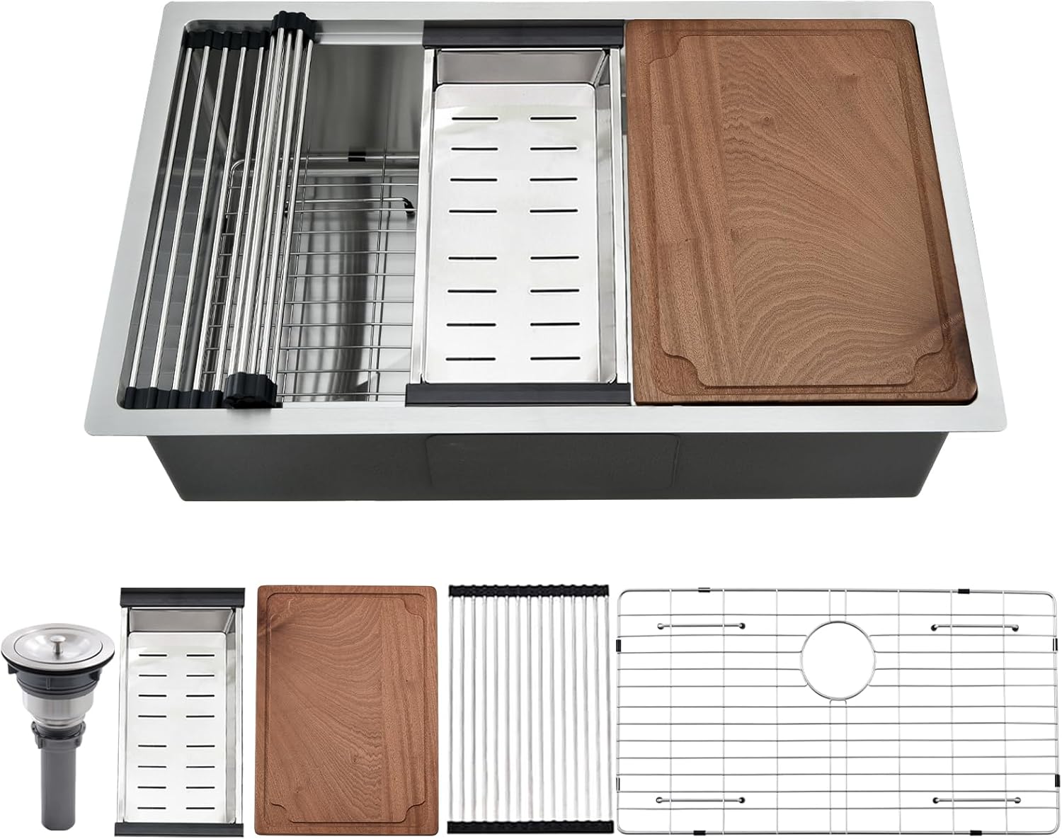 31 inch Undermount Kitchen Sink, 31x18 Inch Undermount Workstation Sink Single Bowl 16 Gauge 10 Inch Deep Handmade Stainless Steel Kitchen Sink with Cutting Board