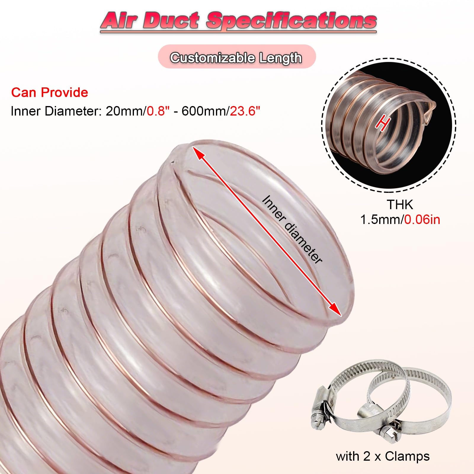 Manguera flexible transparente, reforzada en espiral para recogida de polvo y ventilación