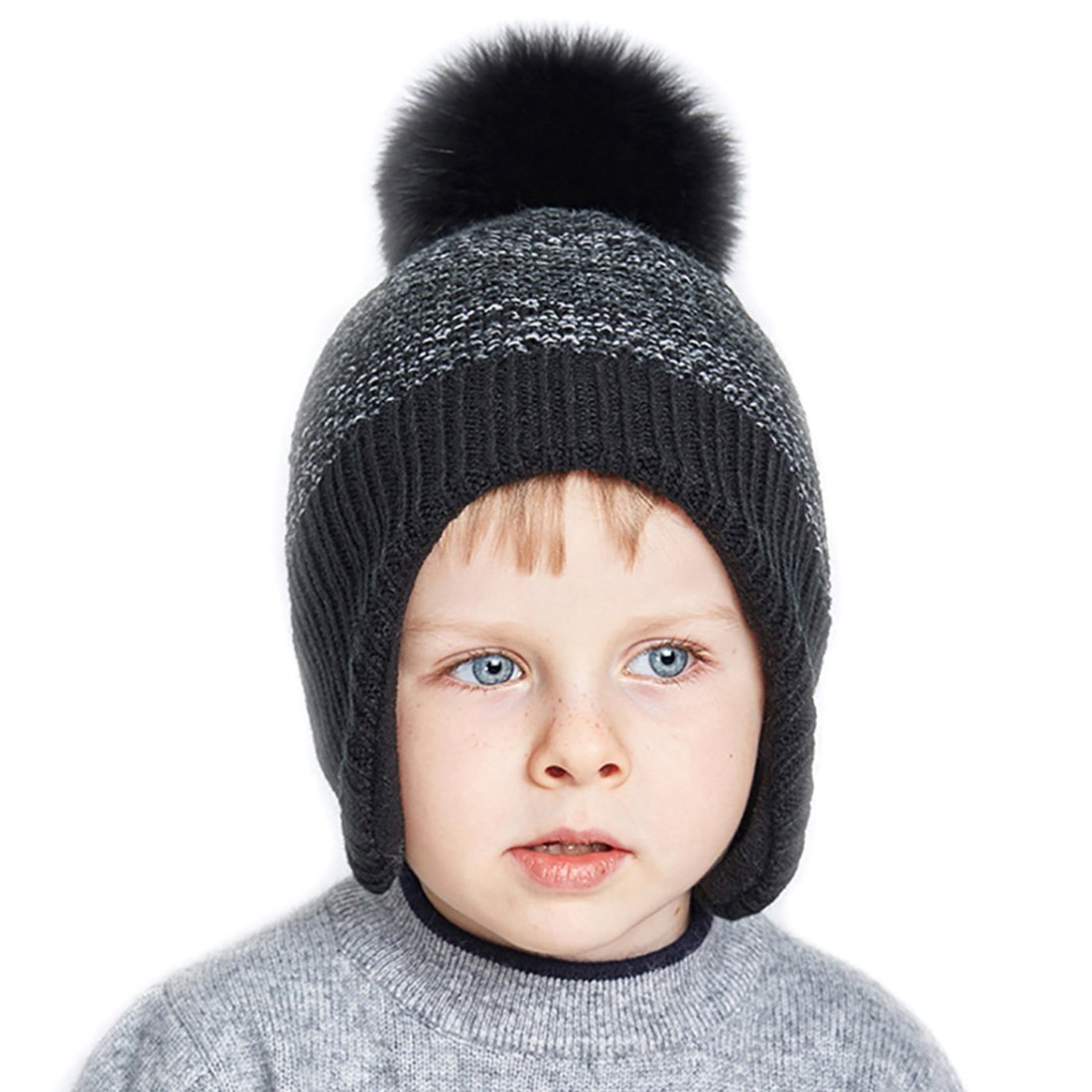 URSFUR Kids Winter Earflap Cap Boys Knit Peruvian Hat Ball Pom Warm Beanie Black with Fox Pompom
