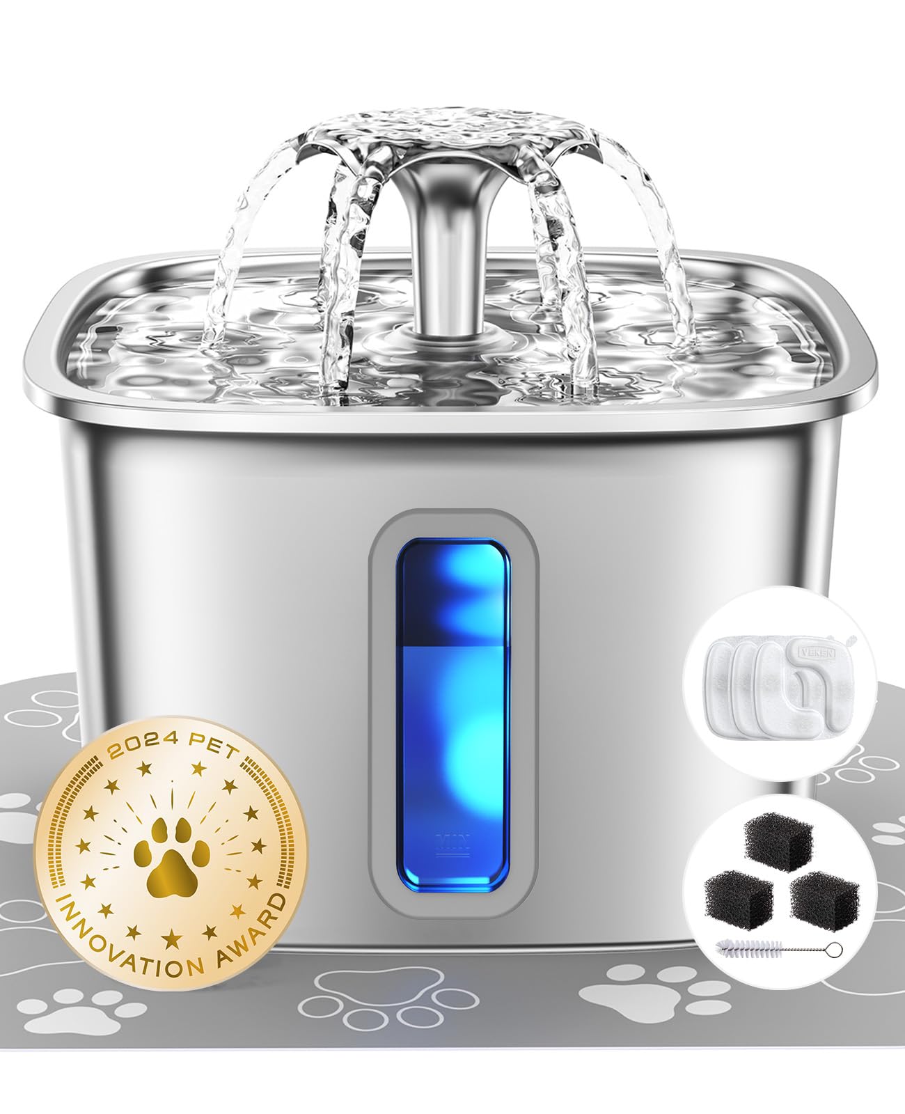 Veken Innovation Award Winner Stainless Steel Cat Water Fountain, 108oz/3.2L Automatic Pet Fountain Dog Water Dispenser with 3 Replacement Filters & Silicone Mat, Gifts for Cats, Dogs (Silver)