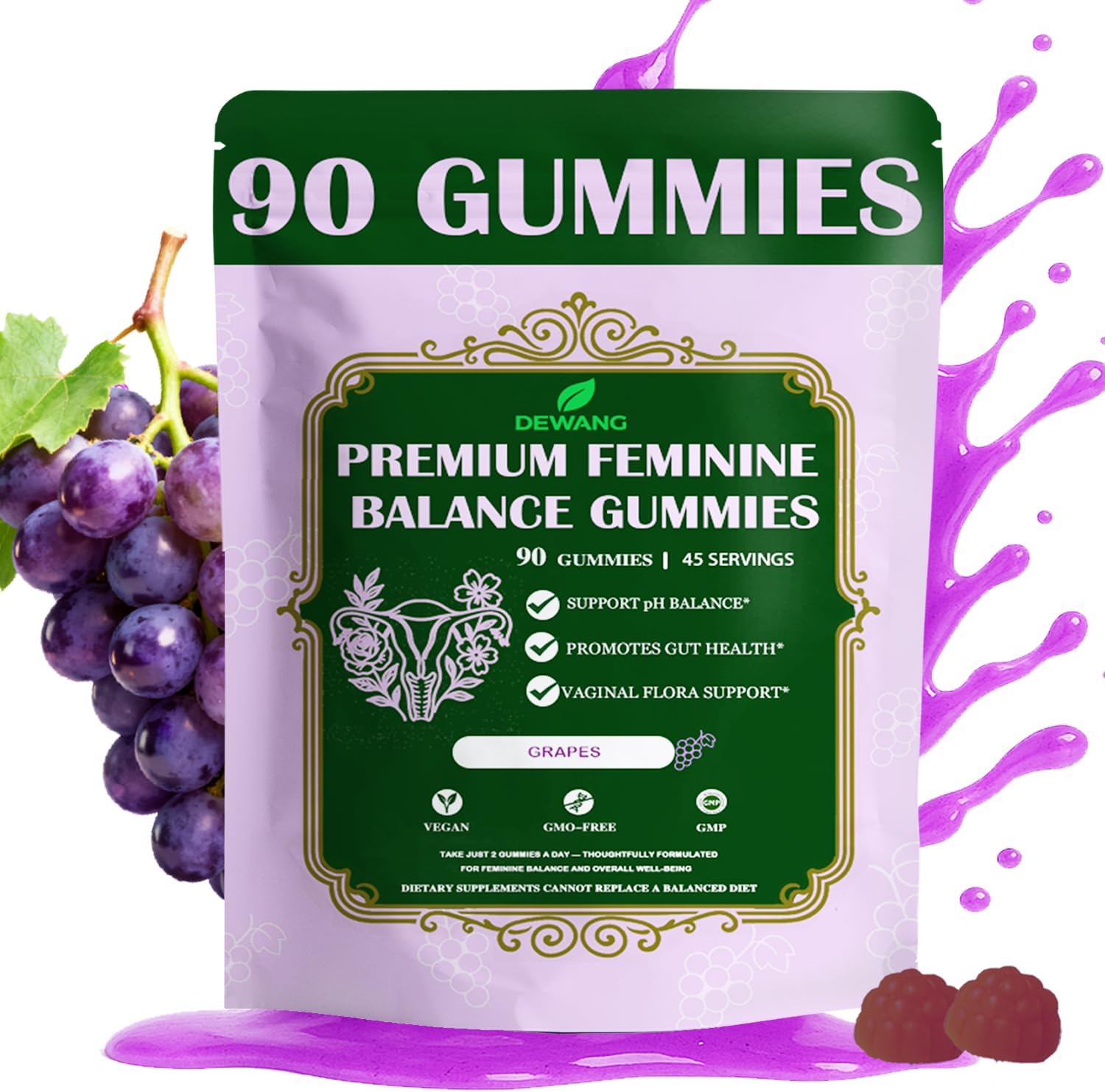 DEWANG Premium Feminine Balance Gummies for Women’s - Immune Support& PH Balance - Vegan, Gluten-Free - Grapes Flavor, 90 Count 45 Servings (Grape)