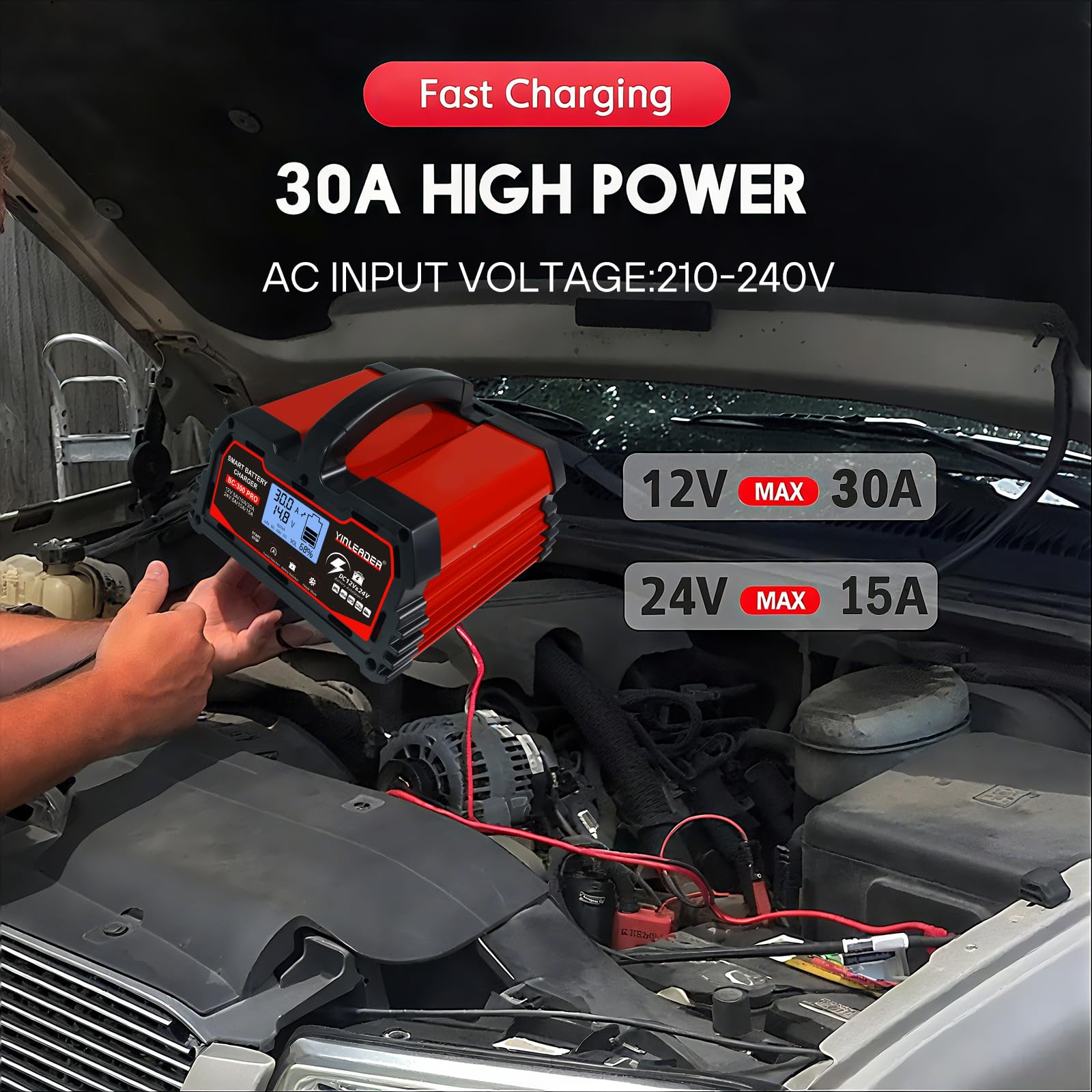 Yinleader Chargeur de Batterie Intelligent 30A 12V /24V 15A, Chargeur de Voiture LCD, mainteneur de Batterie pour AGM, Moto, 12V LiFePO4
