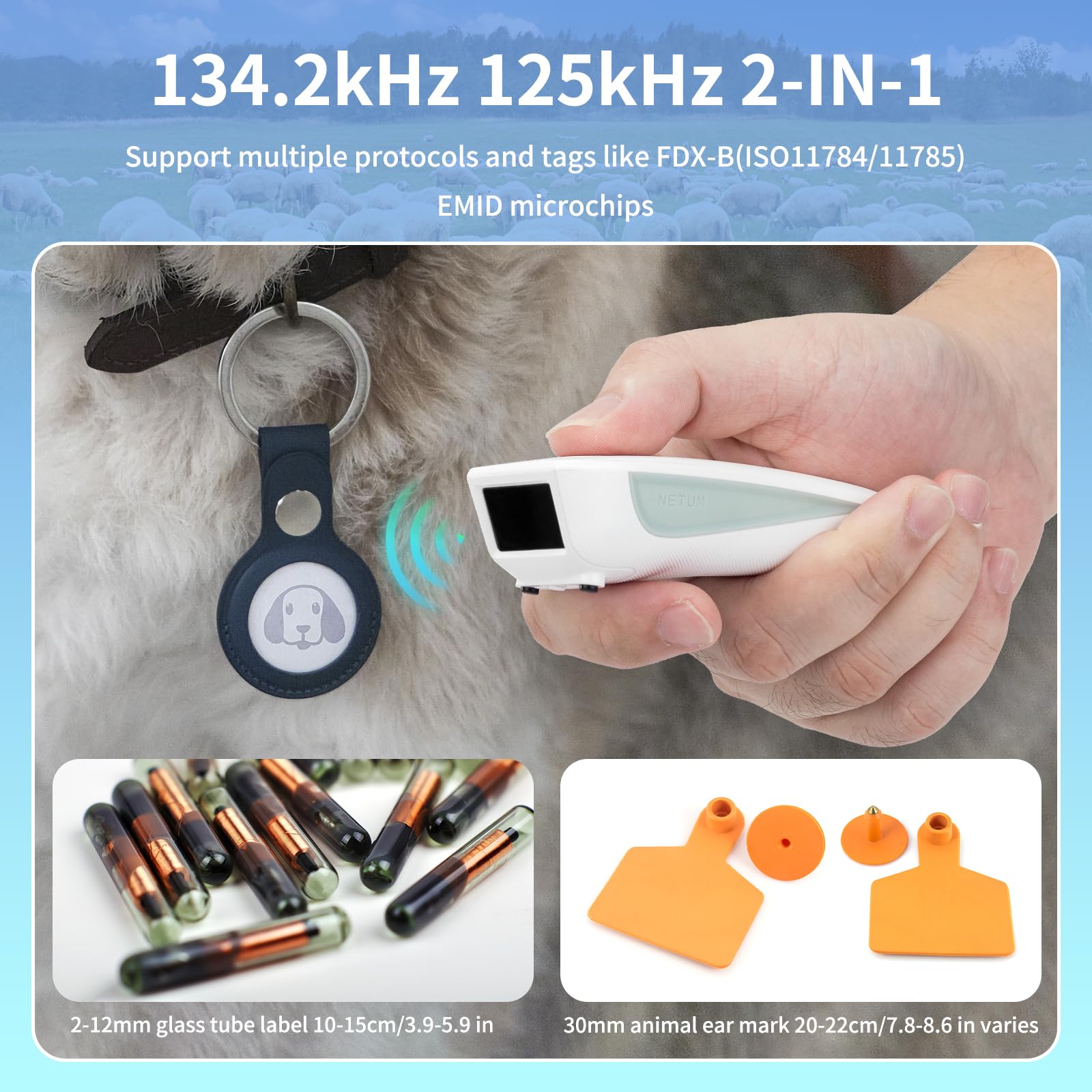 NETUM Bluetooth Pet Microchip Scanner Portatile Wireless RFID EMID Micro Chip Lettore Senza Contatto 134.2kHz 125kHz 15 Cifre Chip ID Scanner per Animali/Animali/Cani/Gatti C200
