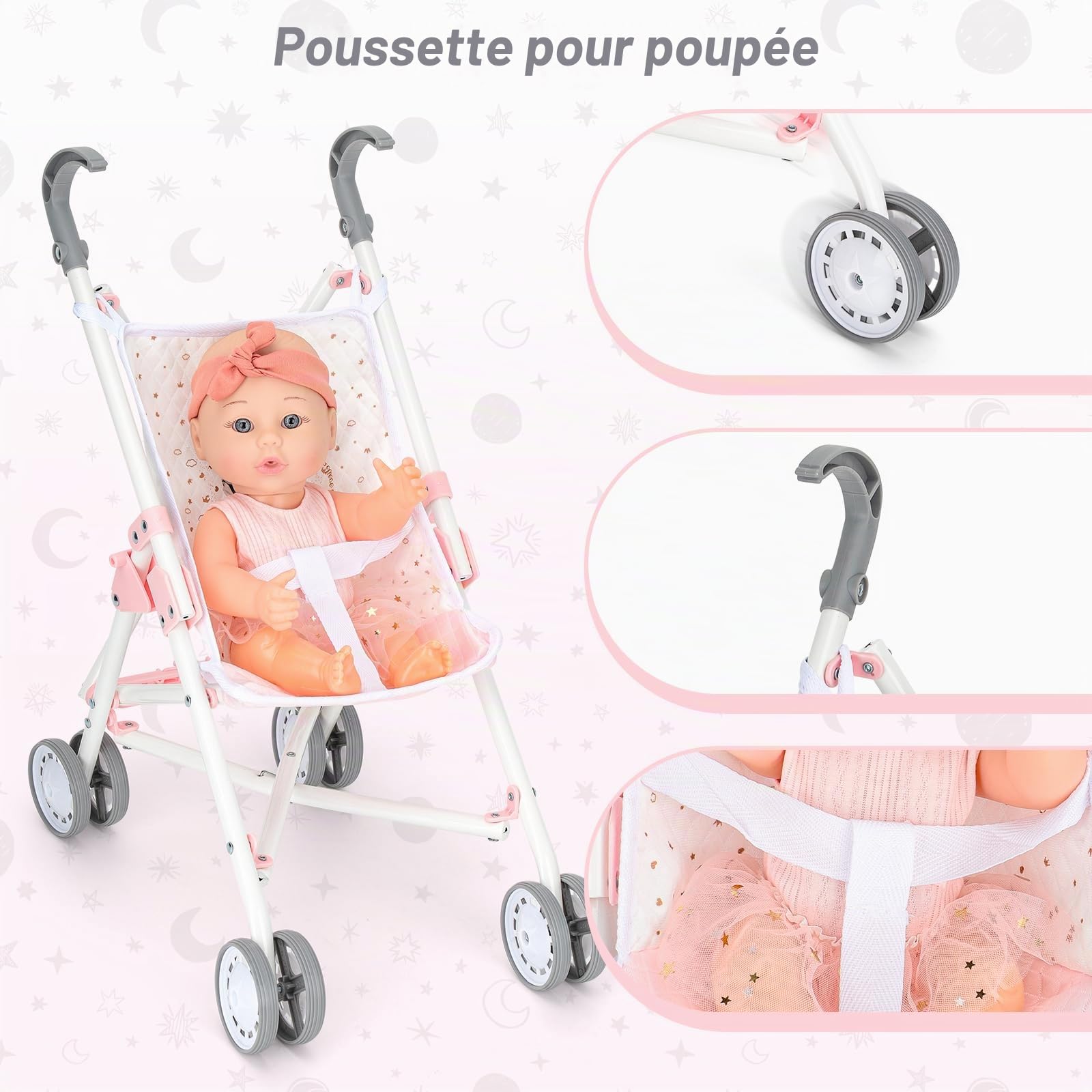 deAO Coffret Poussette Poupée avec Berceau, Tapis de Jeu, Sacs de Voyage