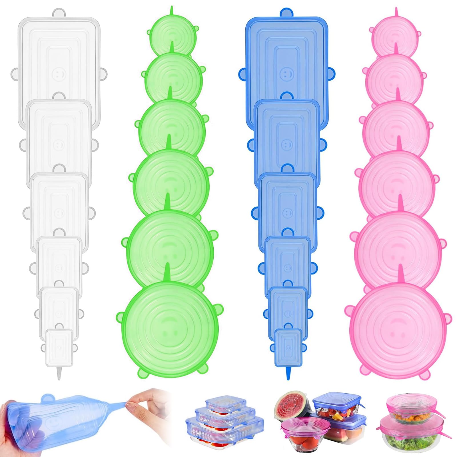 24 Pack Silicone Stretch Lids Set, 12 Round and 12 Rectangular Silicone Lids Food Covers, BPA and Expandable Bowl Covers with 6 Different Sizes, Fit Various Shape of Containers Dishes Jars Bowls