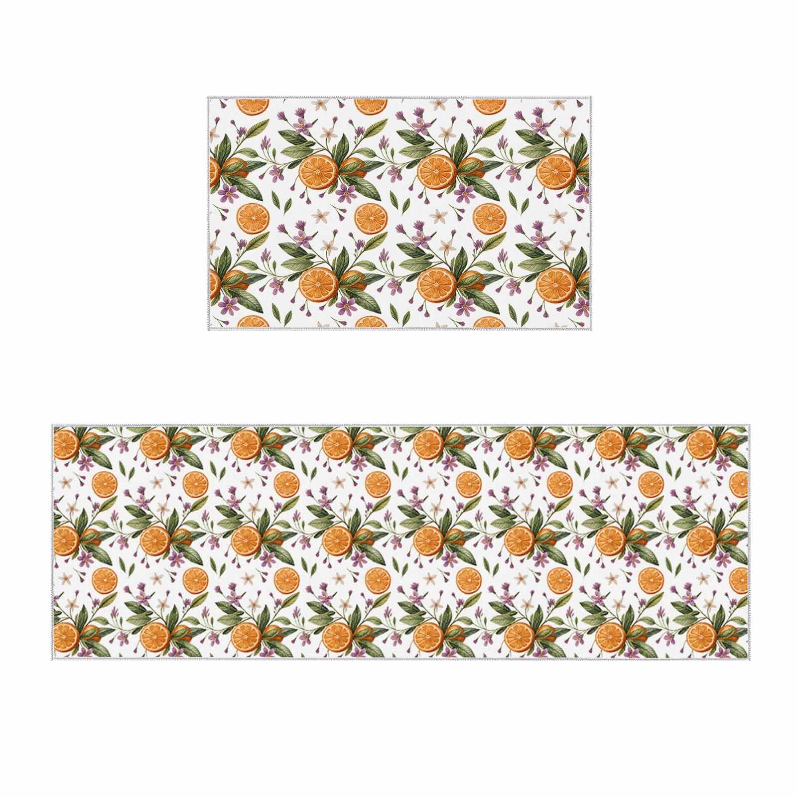 2 Pieces Kitchen Rugs and Mats,Farmhouse Lemon Floral Leaf Area Runner Rug Set Non Slip Floor Doormat Washable Carpet Standing Mat for Kitchen Sink Indoor Corridor,Watercolor Seamless Fruit Theme