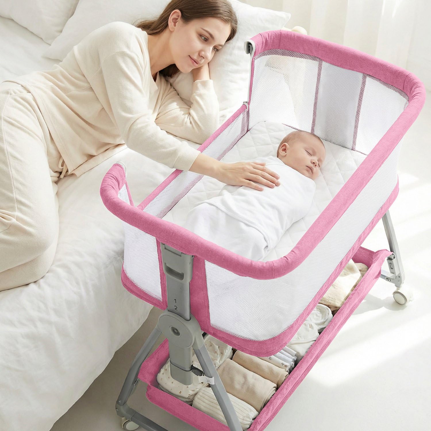 Luvkixen Bedside Bassinet for Baby, Sturdy 3 in 1 Bedside Sleeper with Mattress & Wheels, Height Adjustable, Breathable Mesh, Storage Basket, Easy to