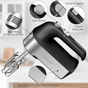 450W Electric Hand Mixer, 5 Speed Handheld Mixer with Scale Cup Storage Case, 5* Stainless Steel Accessories, Turbo Boost, Eject Button, Kitchen Mixer Food Mixer for Baking, Black