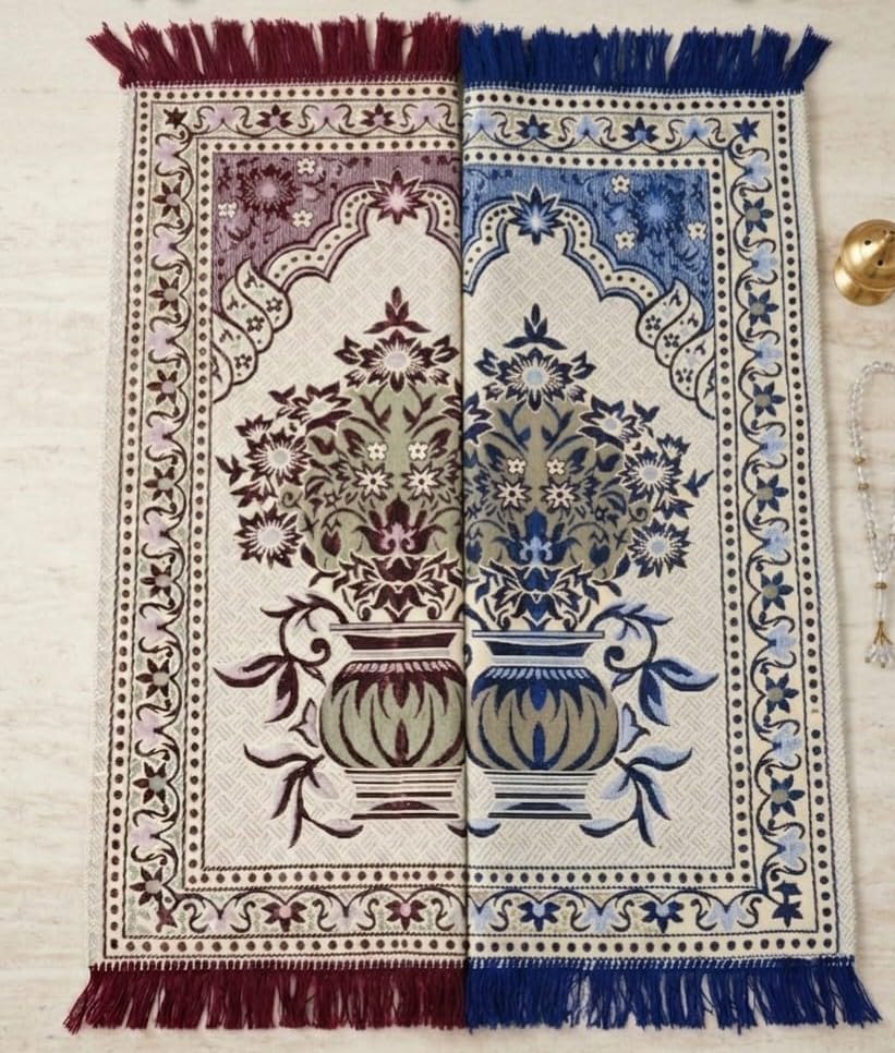 Supreme Floral Islamic Combo Prayer Mat for Men & Women | Soft Foldable Janamaz Musallah with Tassels | Lightweight Namaz Rug for Home Mosque Travel Use | Size 27x42 inch., Maroon & Blue-image-5