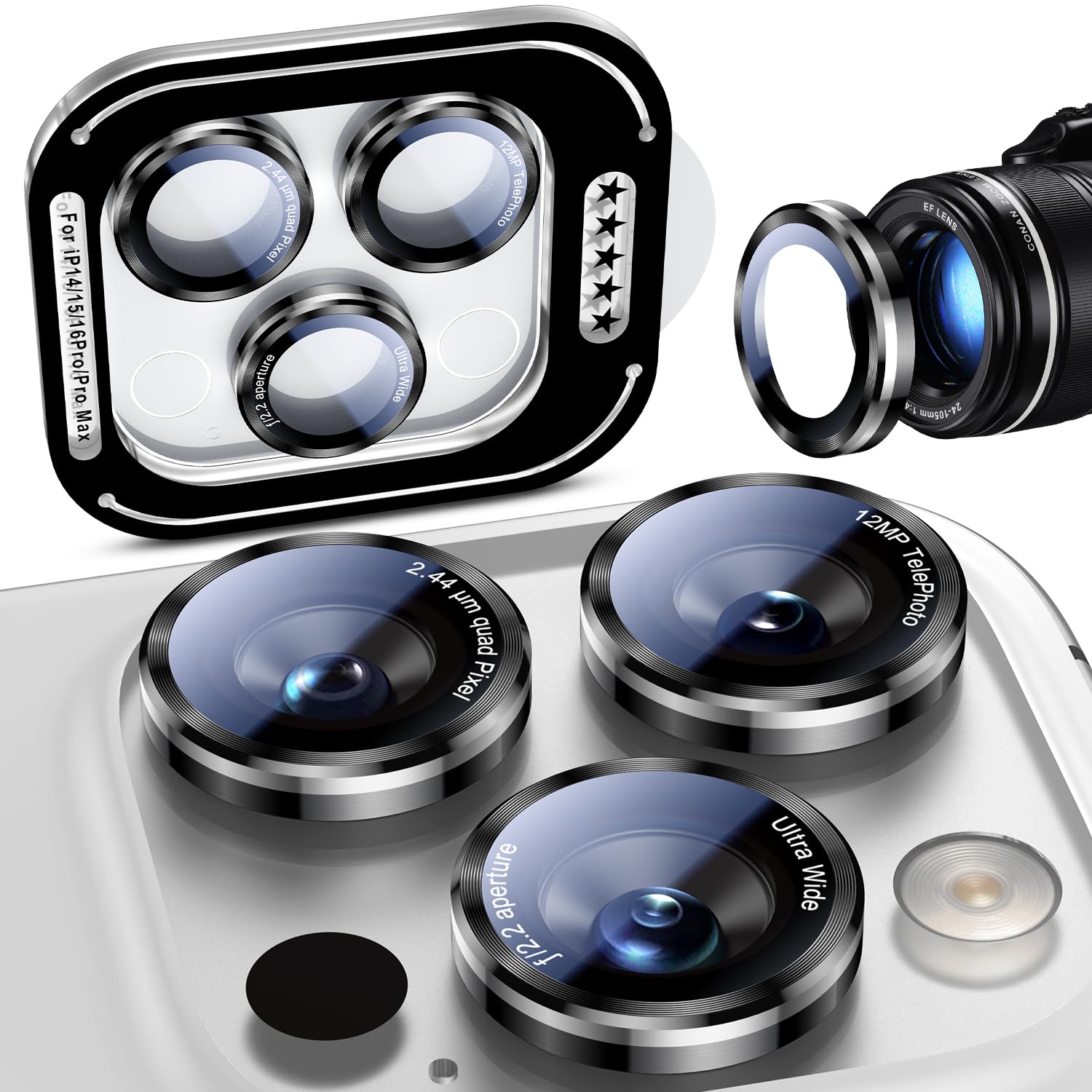 Uyiton for iPhone 16 Pro Max/16 Pro/15 Pro Max/15 Pro/14 Pro Max/14 Pro Camera Lens Protector -[2025 Inspired Design] Military-Grade Tempered Glass & Metal Camera Cover,Outdoor/Travel/Daily Use,Silver