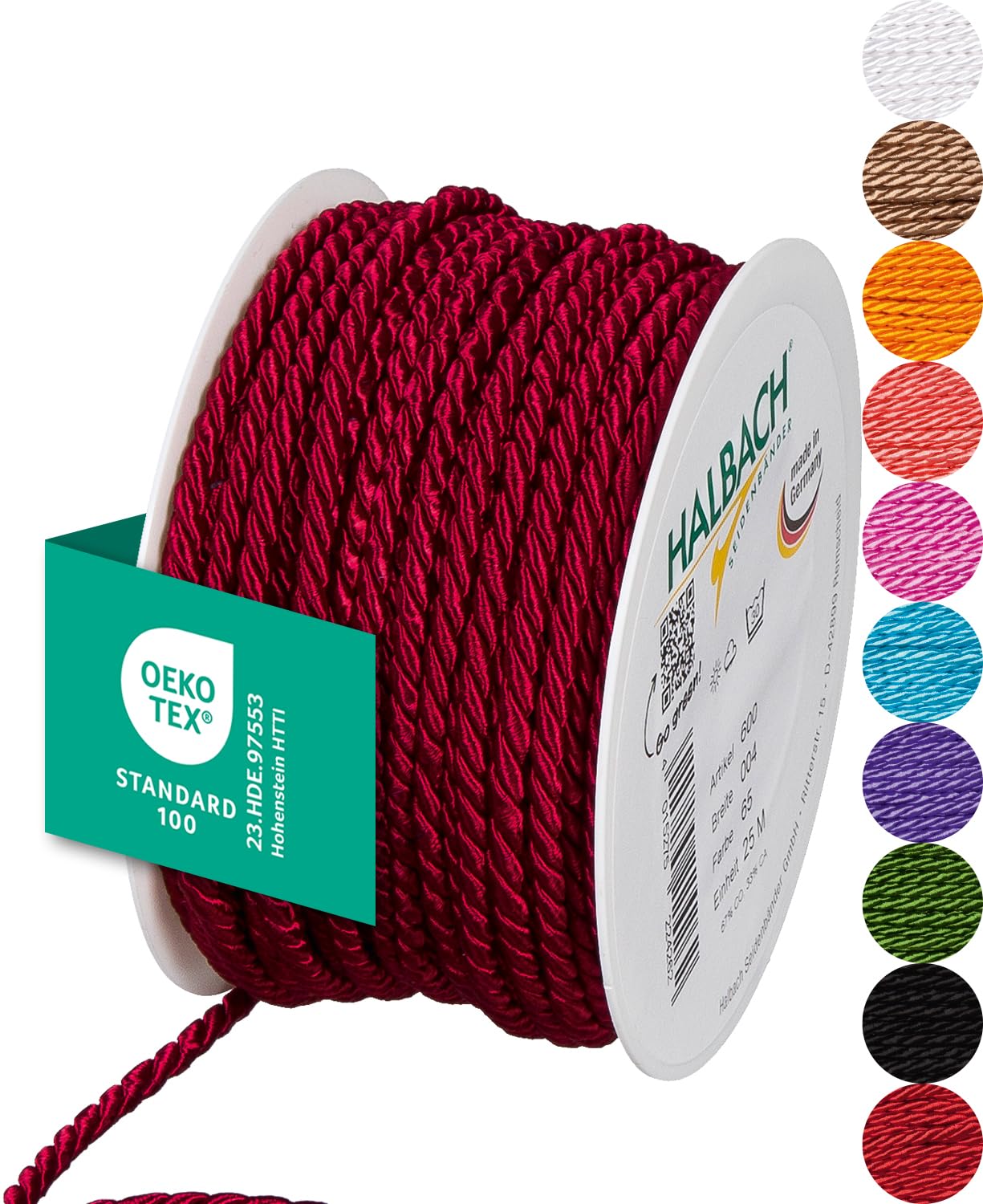 Halbach Seidenbänder Premium Kordel (weinrot) | Breite 4mm Länge 25m | Made in Germany & Öko-Tex Zertifiziert | glänzende Satinkordel aus Acetat