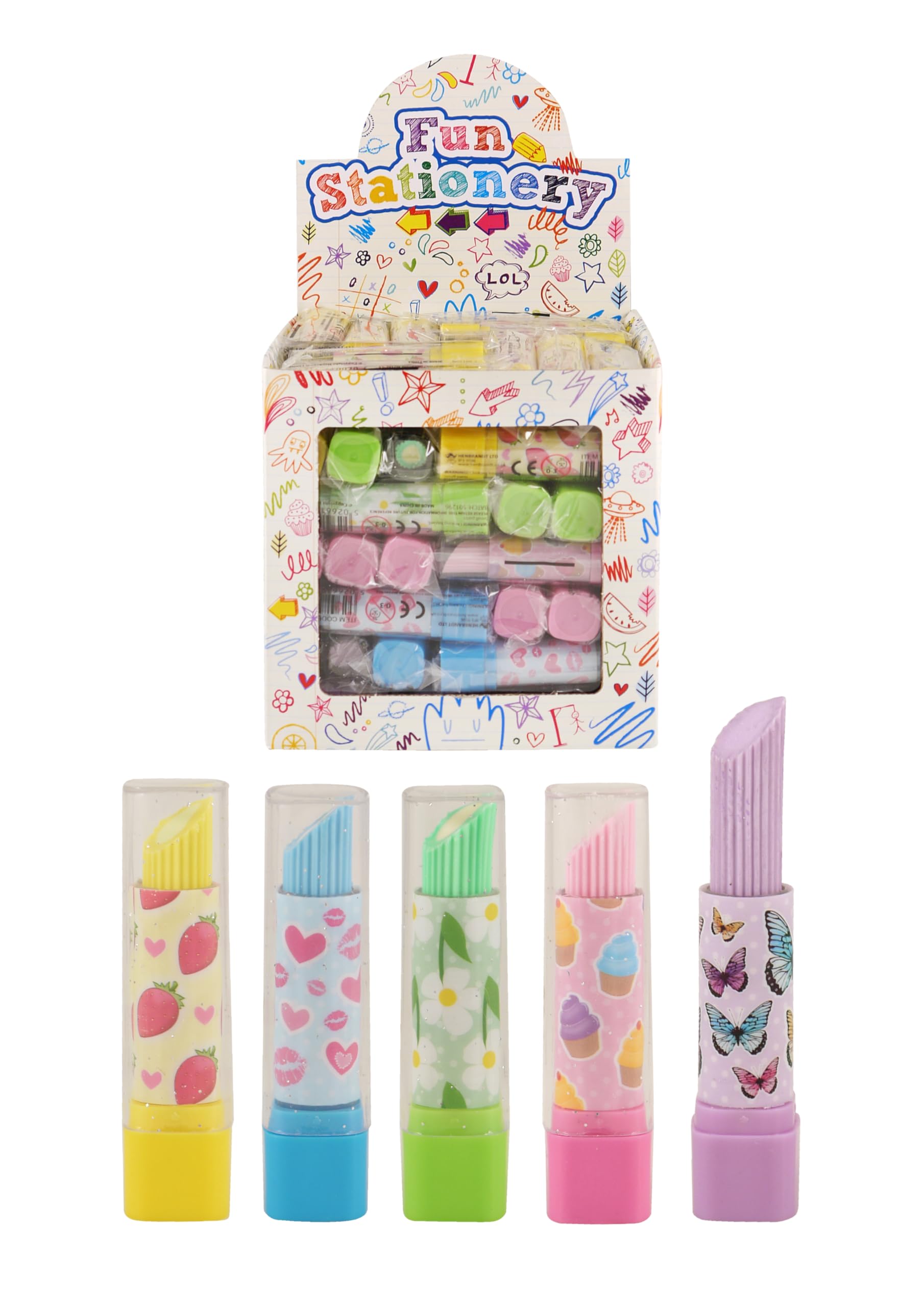Henbrandt 10 x Novelty Lipstick Erasers 7cm - 5 Assorted Colours Designs - Party Favours Loot Bag Fillers Lucky Dip Prizes Children Kids School Stationery
