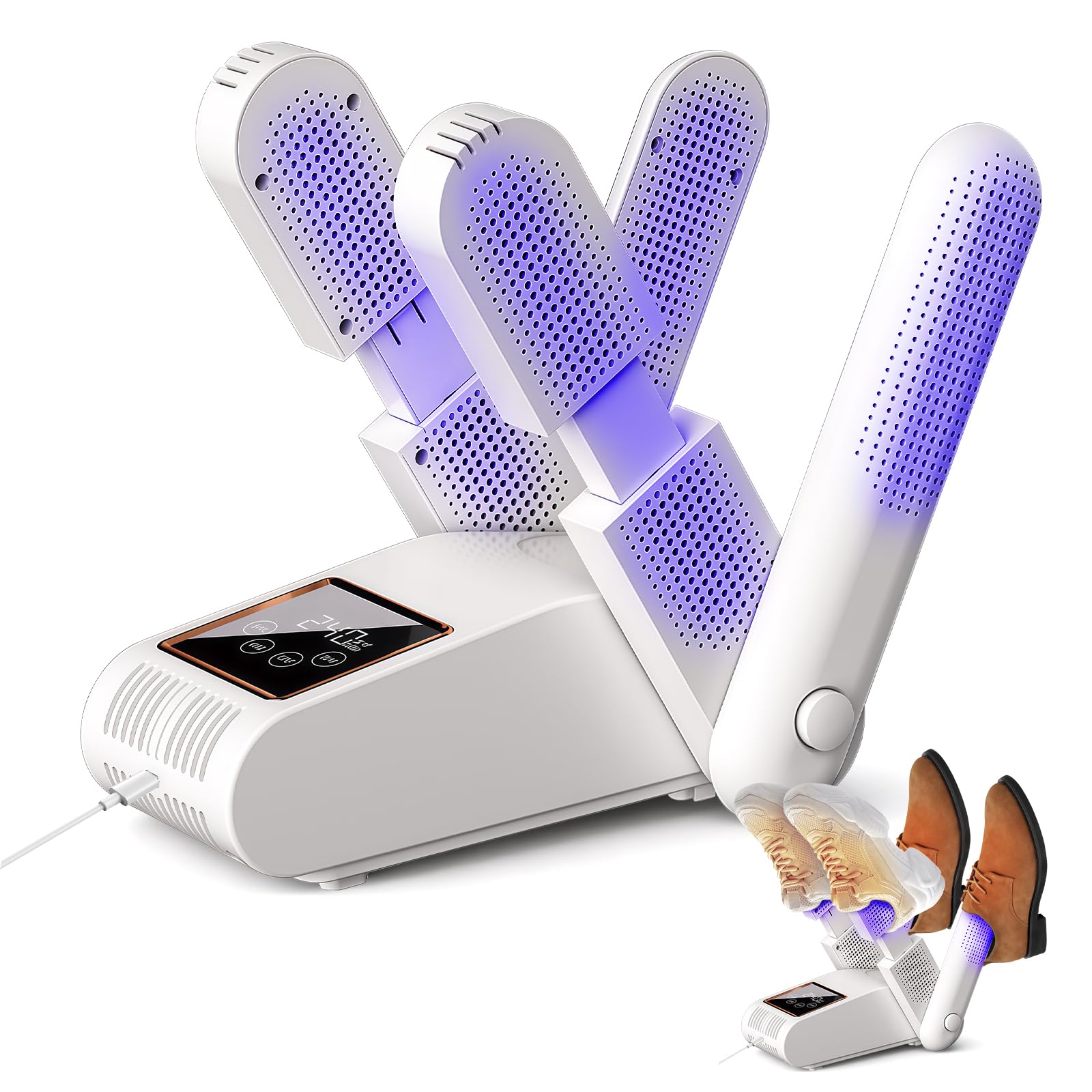 RoserRose Asciuga Scarpe Elettrico, Circolazione di Aria Calda 360° con Temperatura Costante 48℃, UV Antibatterico & Timer Intelligente, Asciugascarpe Piegabile a 90° per Scarpe da Calcio, Scarponi