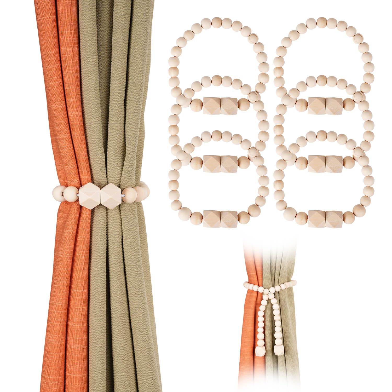 Wooden Magnetic Curtain Buckle,Octagonal Beads Chain Connection Cotton Rope, with 23 Small Round Beads, Bohemian Style, 6Pcs