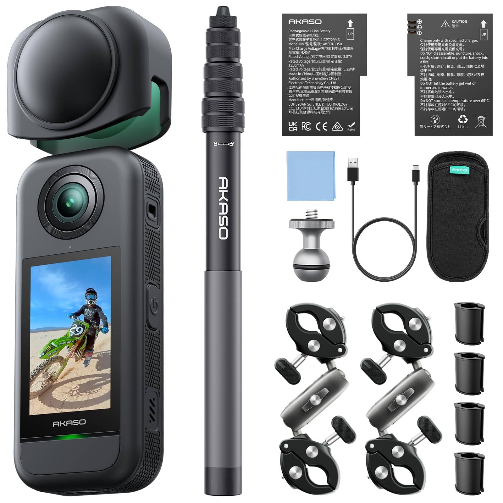AKASO 360 Weatherproof 360° Action Camera - 5.7K 360 Video with 1/2" 48MP Sensors, 72MP 360 Photo, 360-SuperSmooth, Invisible Selfie Stick, 360° Horizon Lock, AI Tracking Motorcycle Combo