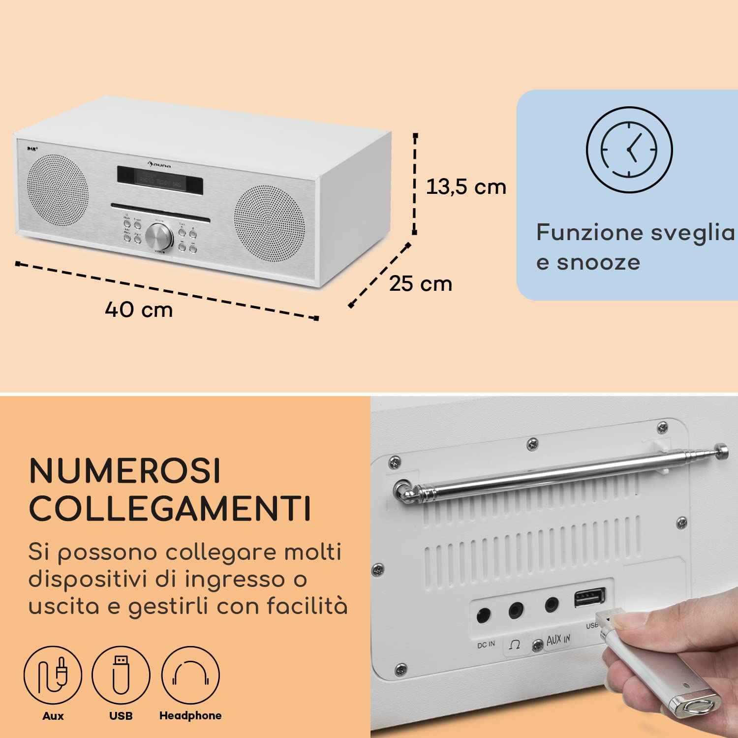Silver Star Radio Portatile Ricaricabile DAB/FM/DAB+ Bluetooth CD Altoparlanti Stereo Display LCD Streaming MP3 Radiosveglia Vintage Legno