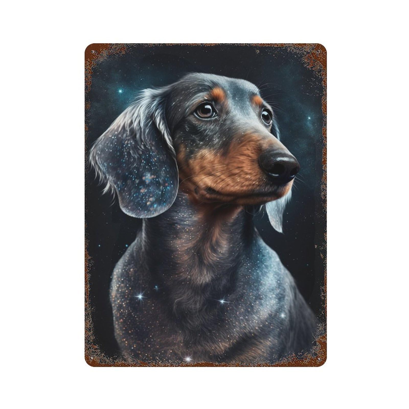 Galactic Dachshund Portrait -1 Rustic Tin Plaque 15.7"x11.8", Industrial Home Decor for Pub, Kitchen And Man Cave Decor