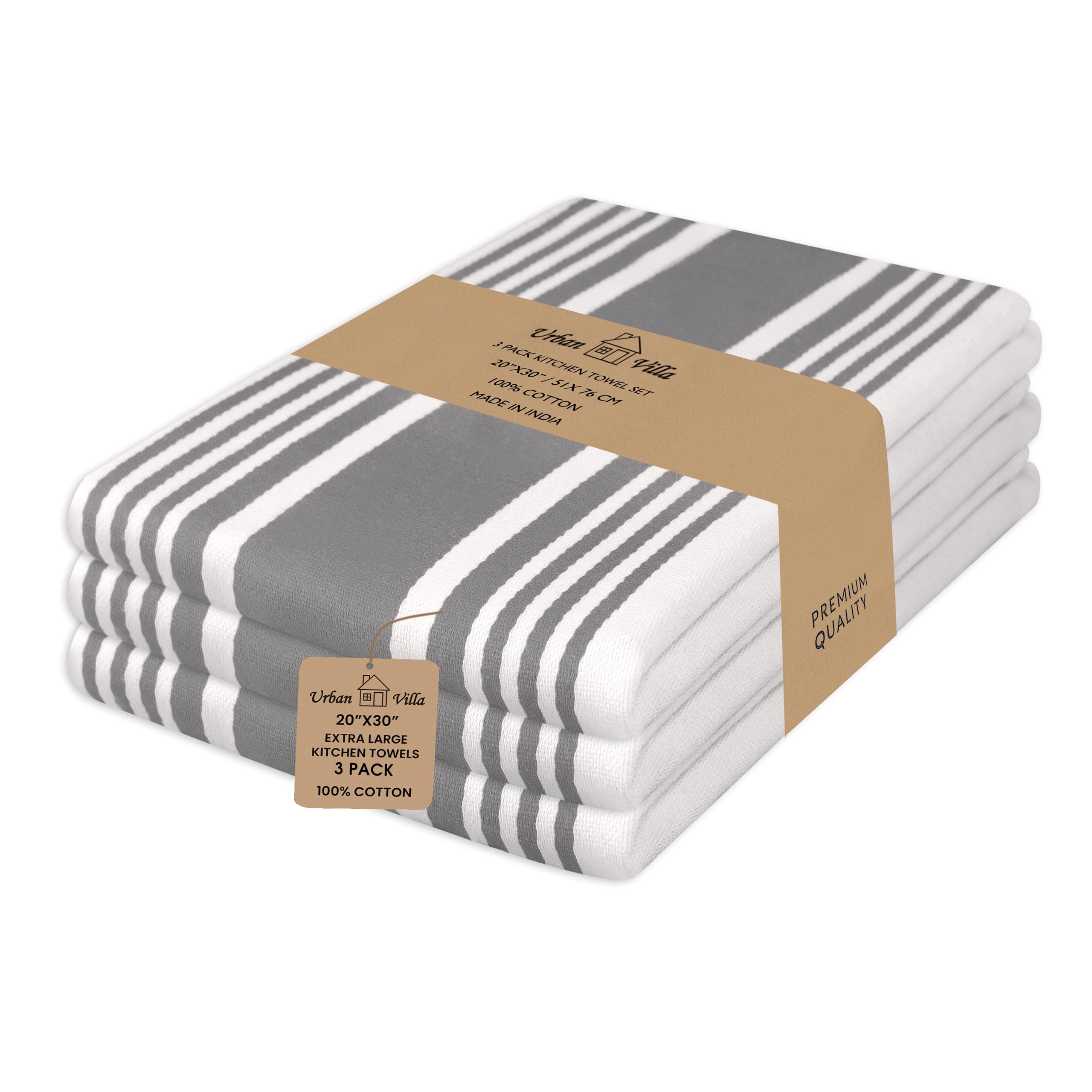 Kitchen Towels Trendy Stripes Dove Grey/White Set of 3 Dish Towels for Kitchen Highly Absorbent 100% Cotton Size 20X30 Inches Kitchen Towels with Mitered Corners Kitchen Hand Tea Towels