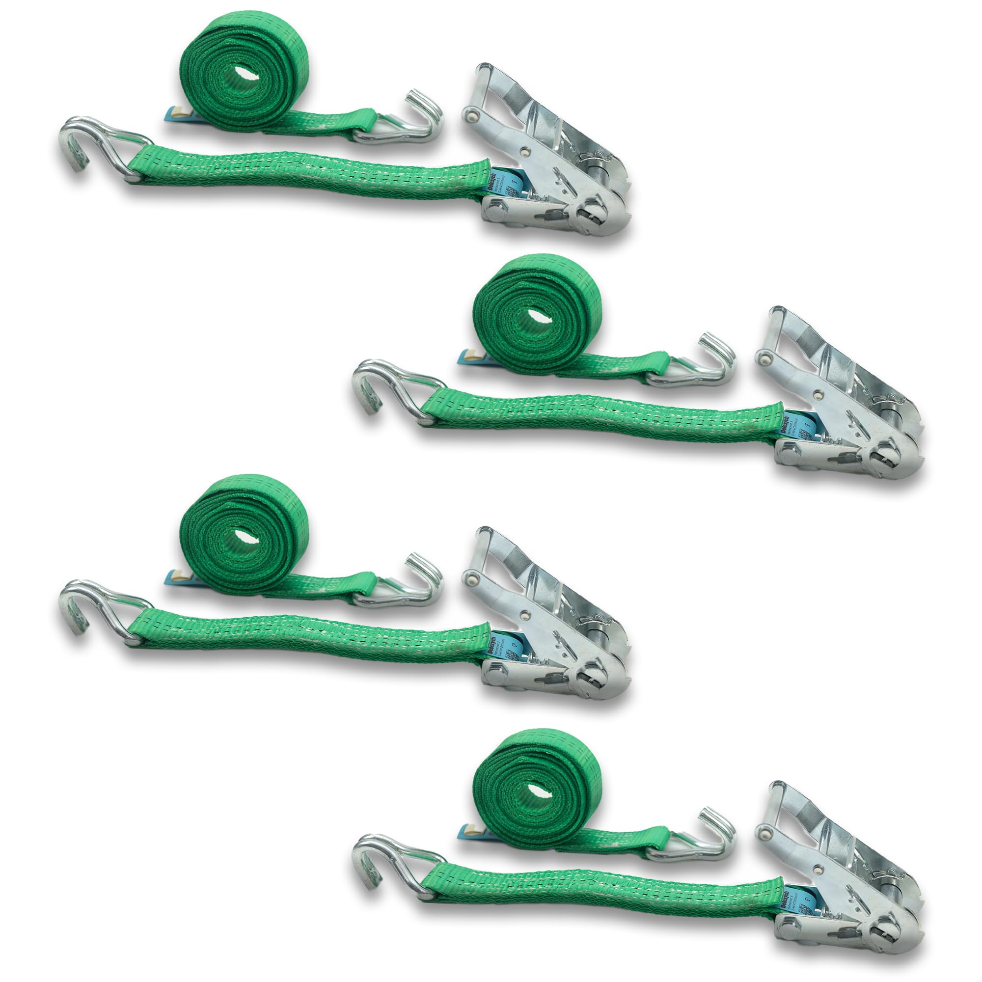 DoZurr 2000 Lot de 4 Sangles d'arrimage à cliquet et Crochets profilés, Charge maximale : 1000 kg, 35 mm de Large x 6 m de Long, Vert
