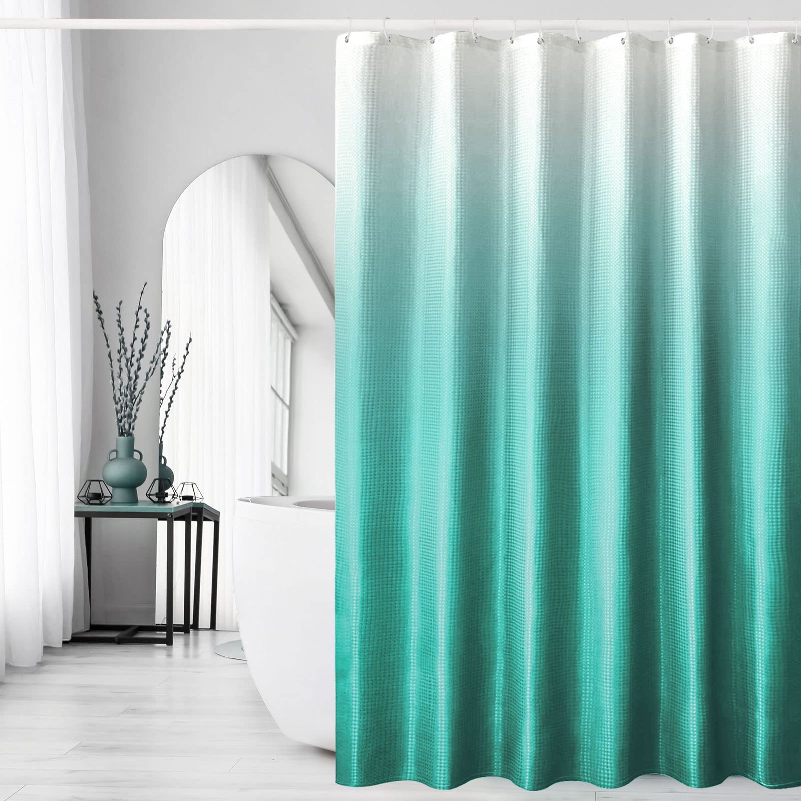Gibelle Stall Size Shower Curtain 50 x 78, Small Narrow Teal Ombre Shower Curtain, Waffle Weave Fabric Bathroom Shower Curtain Set with Hooks, Water Repellent, Machine Washable — image 1
