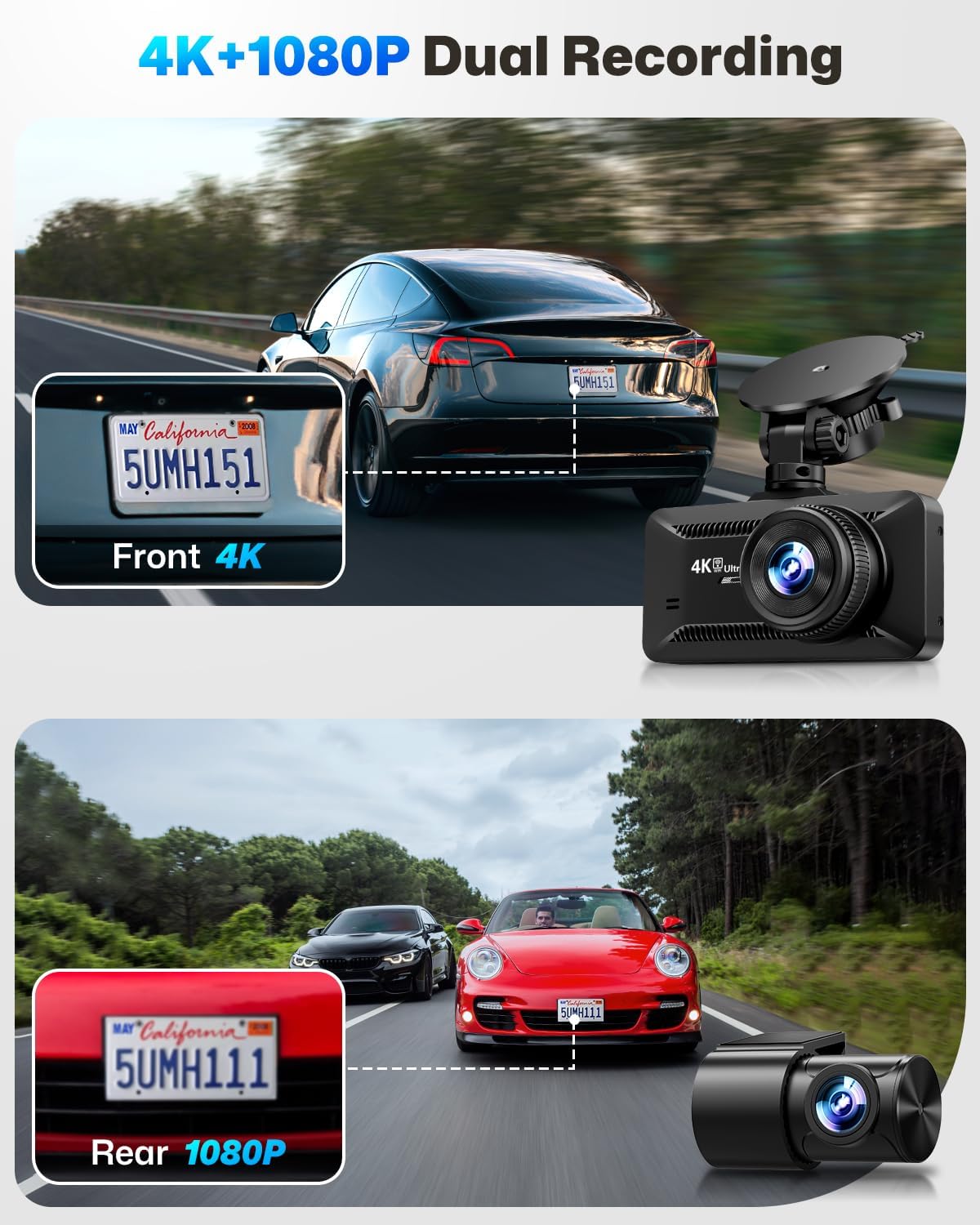 Dash Cam Front and Rear 4K/1080P, Dash Camera for Cars Build in WiFi, Full HD Dash Cam with APP Control, 3.94'' IPS Screen Dash Camera with 32GB SD Card, G-Sensor, Loop Recording (Dark Grey)
