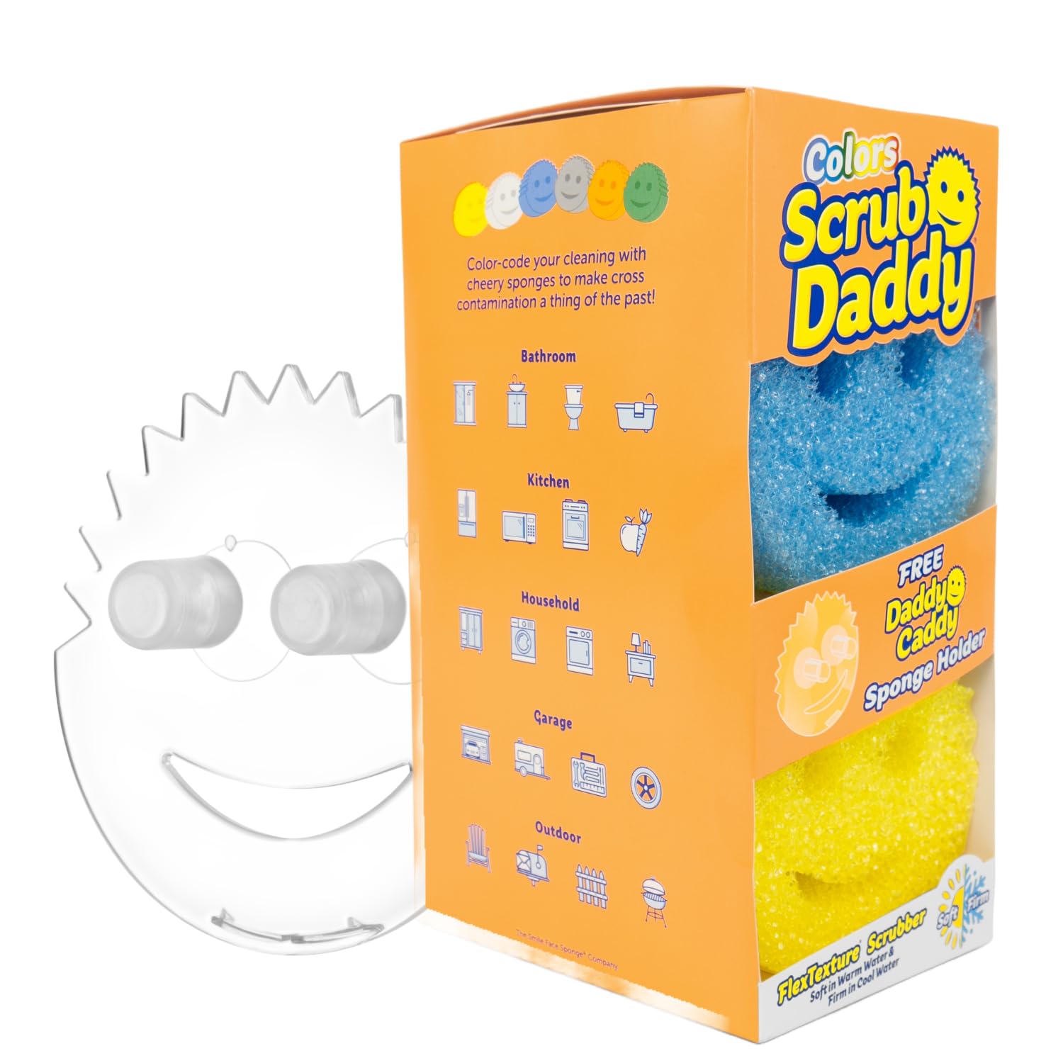 Scrub Daddy Colors 6ct + Daddy Caddy - Scratch-Free Multipurpose Dish Sponge + Sponge Holder - BPA Free & Made with Polymer Foam - Stain & Odor Resistant Kitchen Sponge (6ct)
