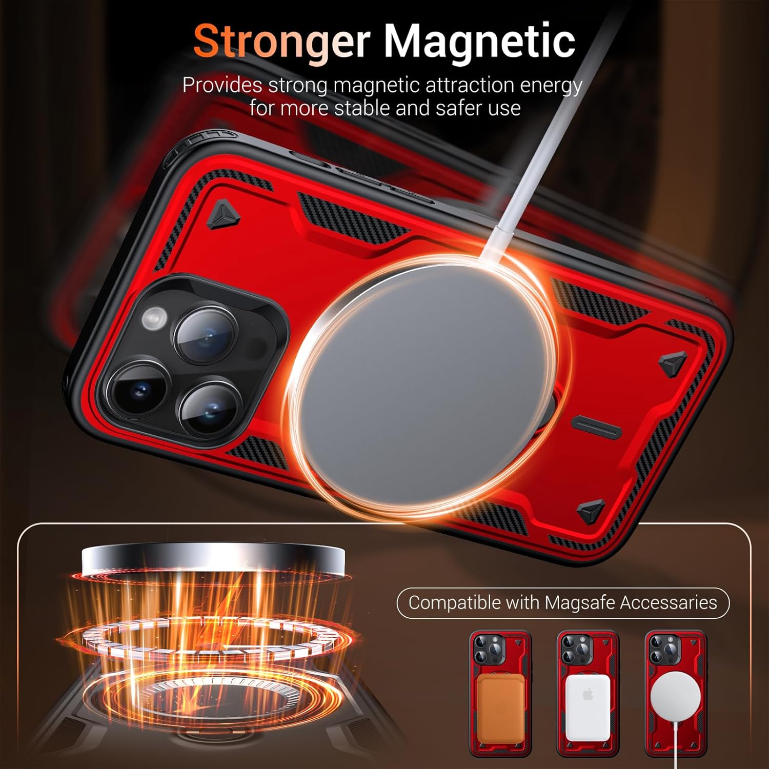 WYUIC Designed for iPhone 15 Pro Max Magnetic Case, Compatible with Magsafe, 10ft Drop Test Hard Rugged, 360 Rotating Ring Kickstand Shockproof Protection Phone Case iPhone 15 Pro Max Cover, Red - Image 3