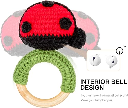 Miniatura 4 de Sonajero de madera para bebé recién nacido, anillo de dentición de mariquita de ganchillo, sonajero de madera natural, primer regalo para bebés