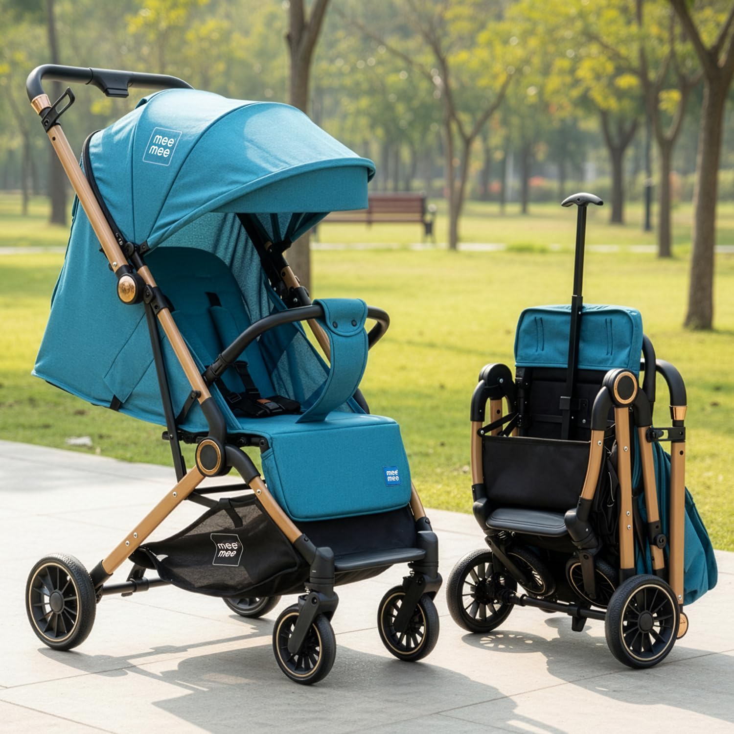 Mee Mee Vistara Gold Baby Stroller with Premium Gold Aluminium Alloy Frame | Foldable Lightweight Pram with Reversible Handle, Suspension & UV Canopy | Newborn to Toddler-image-12