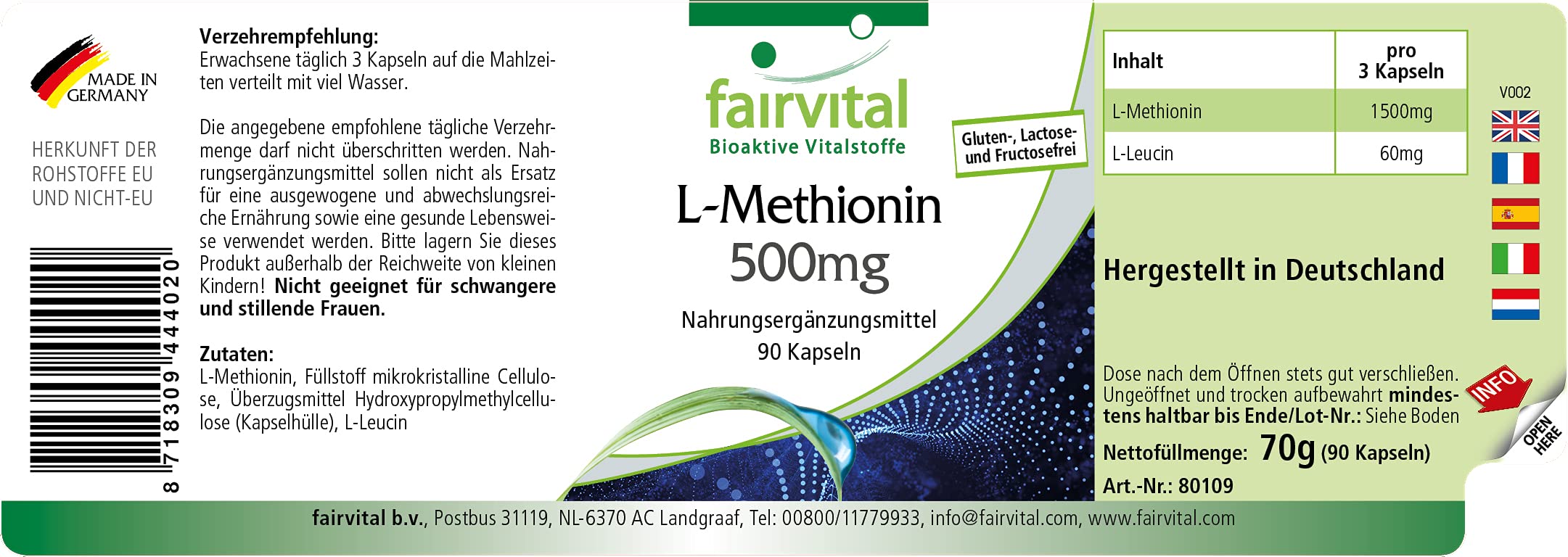 fairvital L-metionina 500 mg, 90 capsule, ALTO DOSAGGIO, VEGANO, aminoacido
