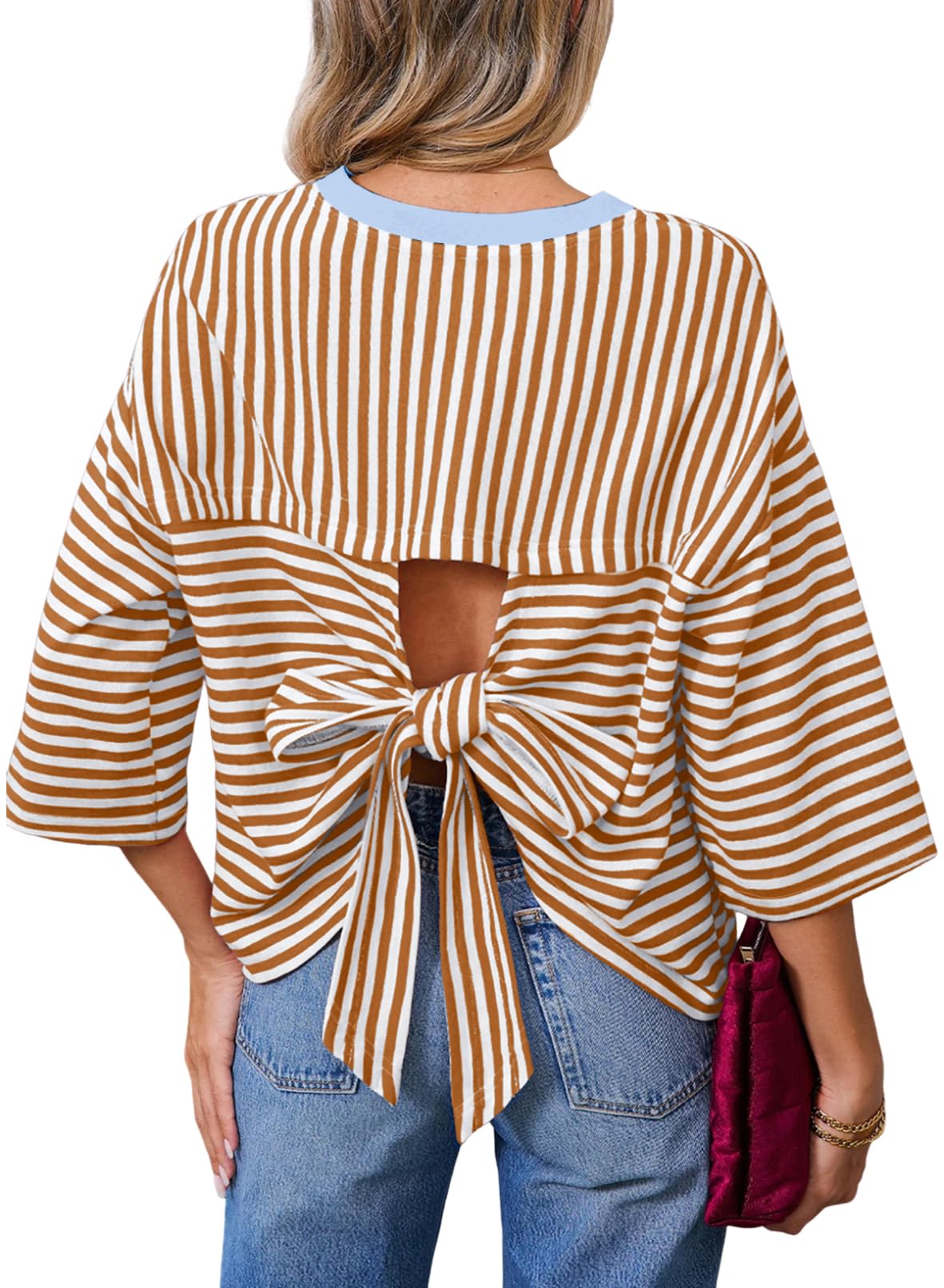 Dokotoo Womens Tops 2026 Striped Tie Back Short Sleeve T Shirts Crewneck Casual Loose Basic Tee Summer Outfits — view 10