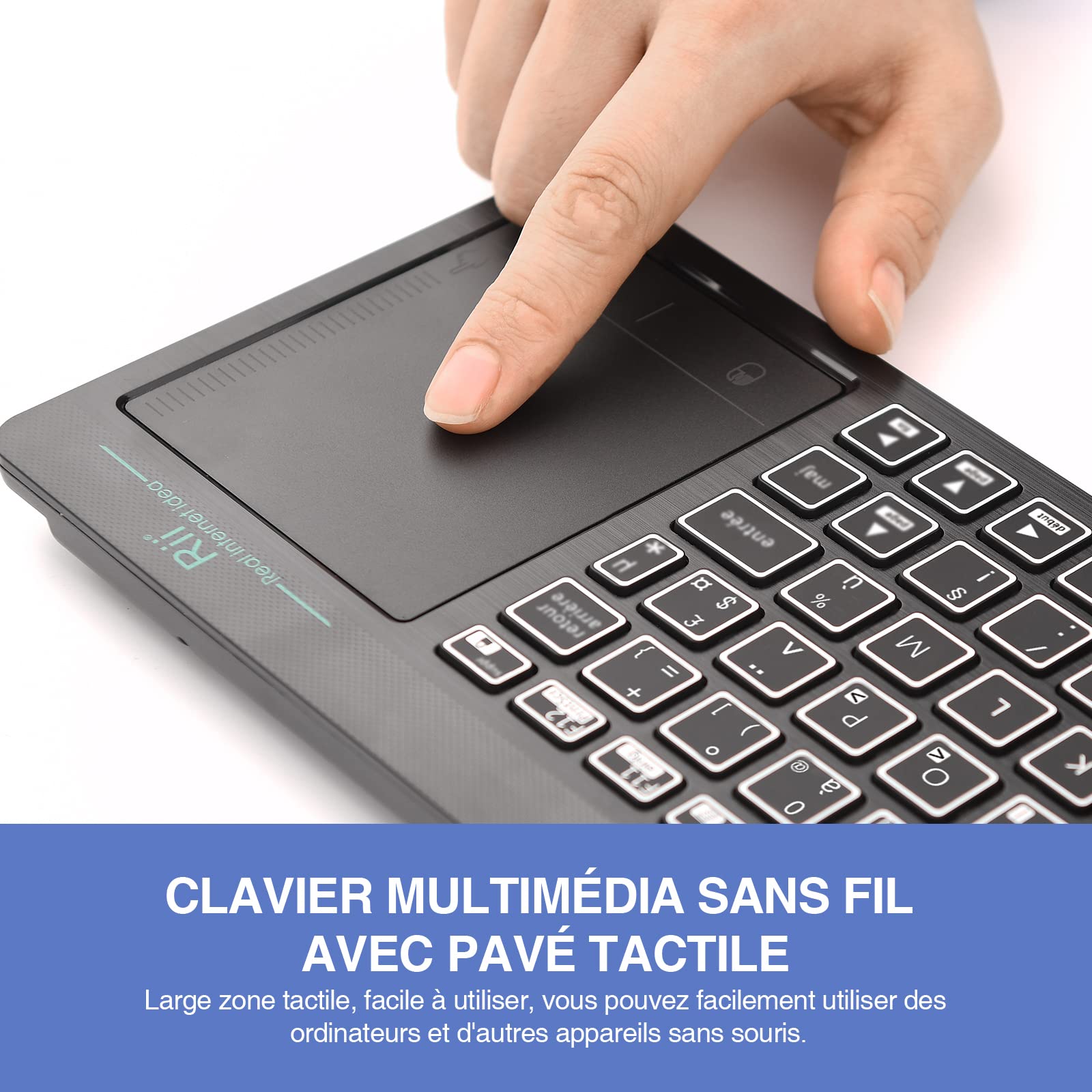 Rii K18S Clavier sans Fil Français (AZERTY) Clavier de Bureau Multi fonctionnel avec Souris Tactile de Grande Taille Intégrée Wireless, Batterie Li-ION Rechargeable (Bluetooth & 2.4 GHz)