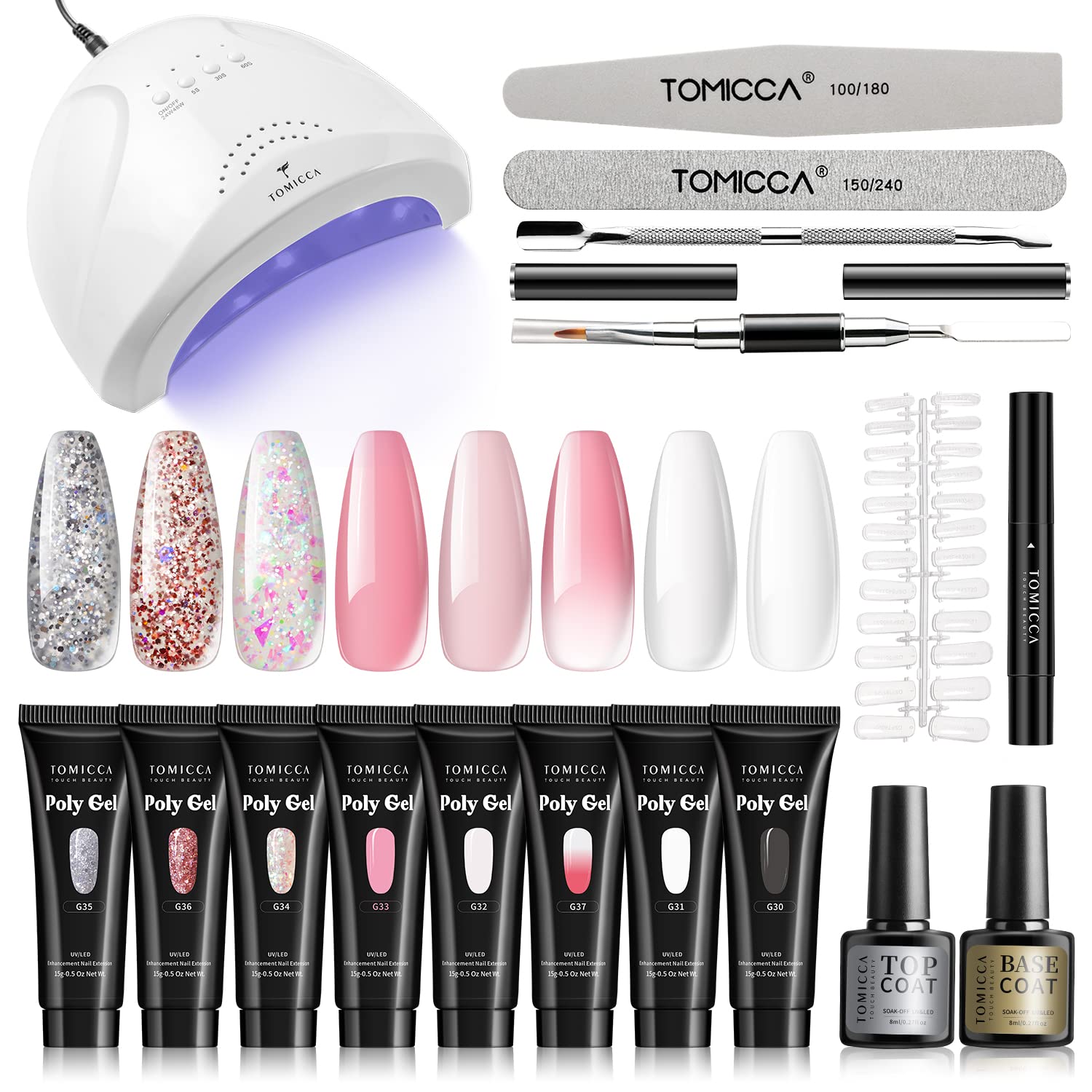 TOMICCA Poly Gel Nail Extension Kit, 15g x 8 Glitter Pink Clear Nail Builder Gel with UV Lamp & Base Top Coat, Easy Use Nail Art Equipment Kit for Beginner or Nail Technician