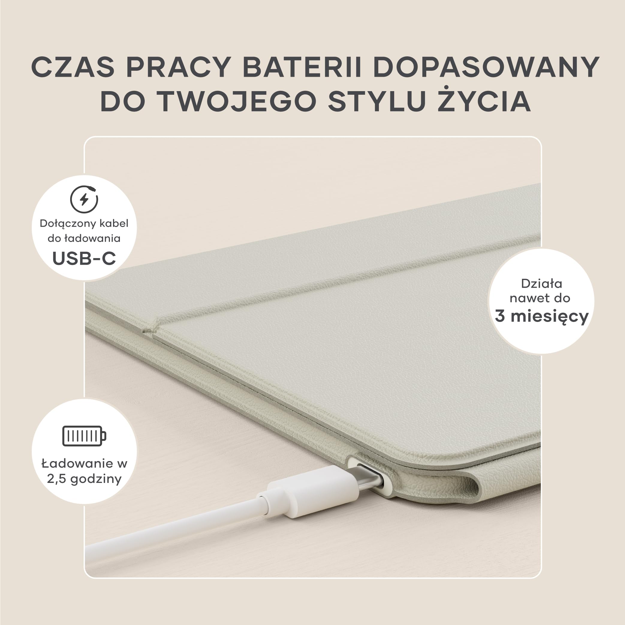SATECHI OntheGo™ Kompaktowa Bezprzewodowa Klawiatura Bluetooth z Regulowaną Podstawką, Łączy do 3 Urządzeń, Akumulator USB-C, Ergonomiczna, 𝗨𝗦 𝗤𝗪𝗘𝗥𝗧𝗬 𝗟𝗮𝘆𝗼𝘂𝘁 – Beżowa