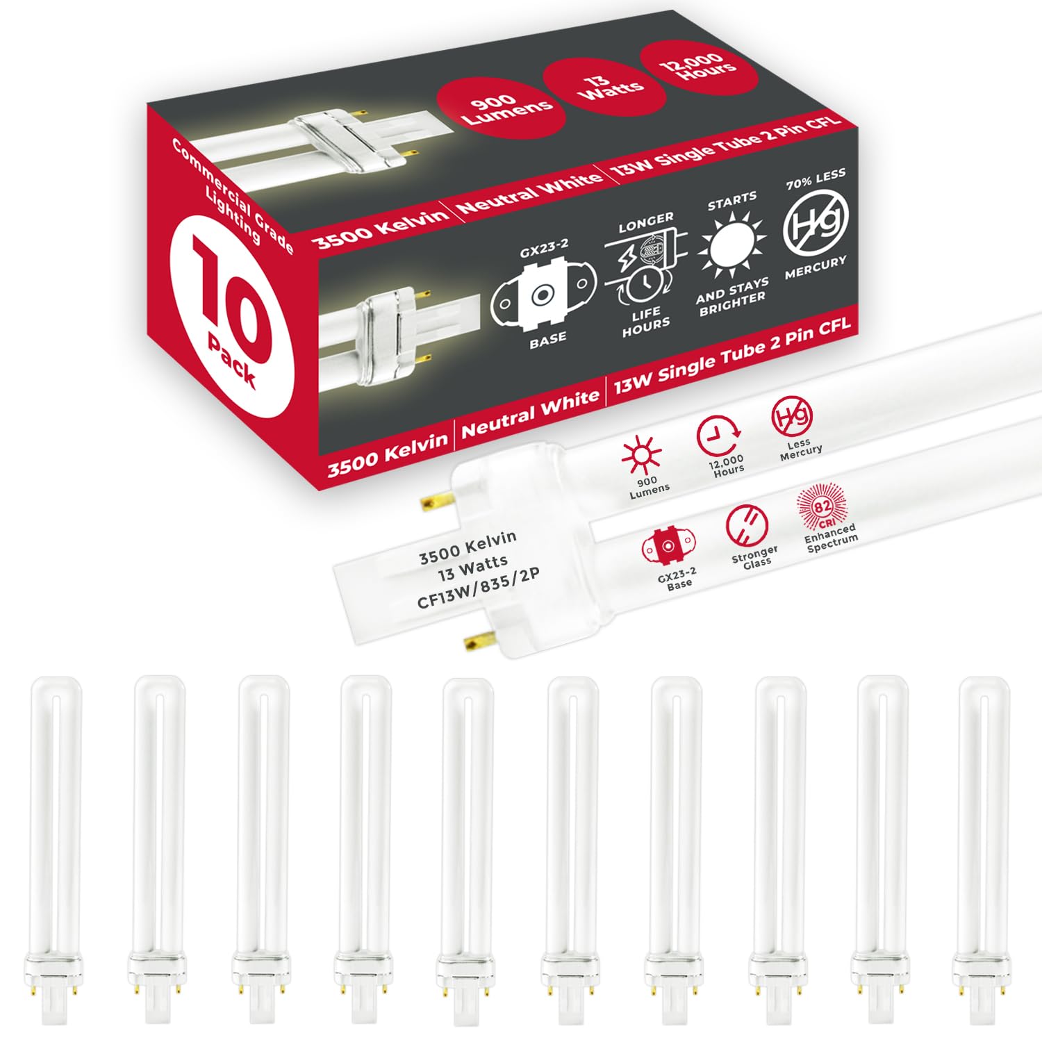 GoodBulb 13 Watt CFL Light Bulbs 2 Pin GX23 Base 3500K Neutral White 13W High Output 800 Lumens Single Tube Compact Fluorescent Light Bulbs Plug-in 10